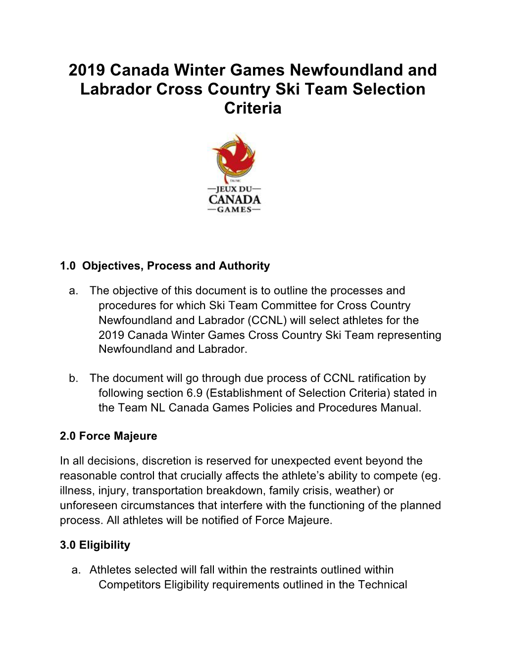 2019 Canada Winter Games Newfoundland and Labrador Cross Country Ski Team Selection Criteria