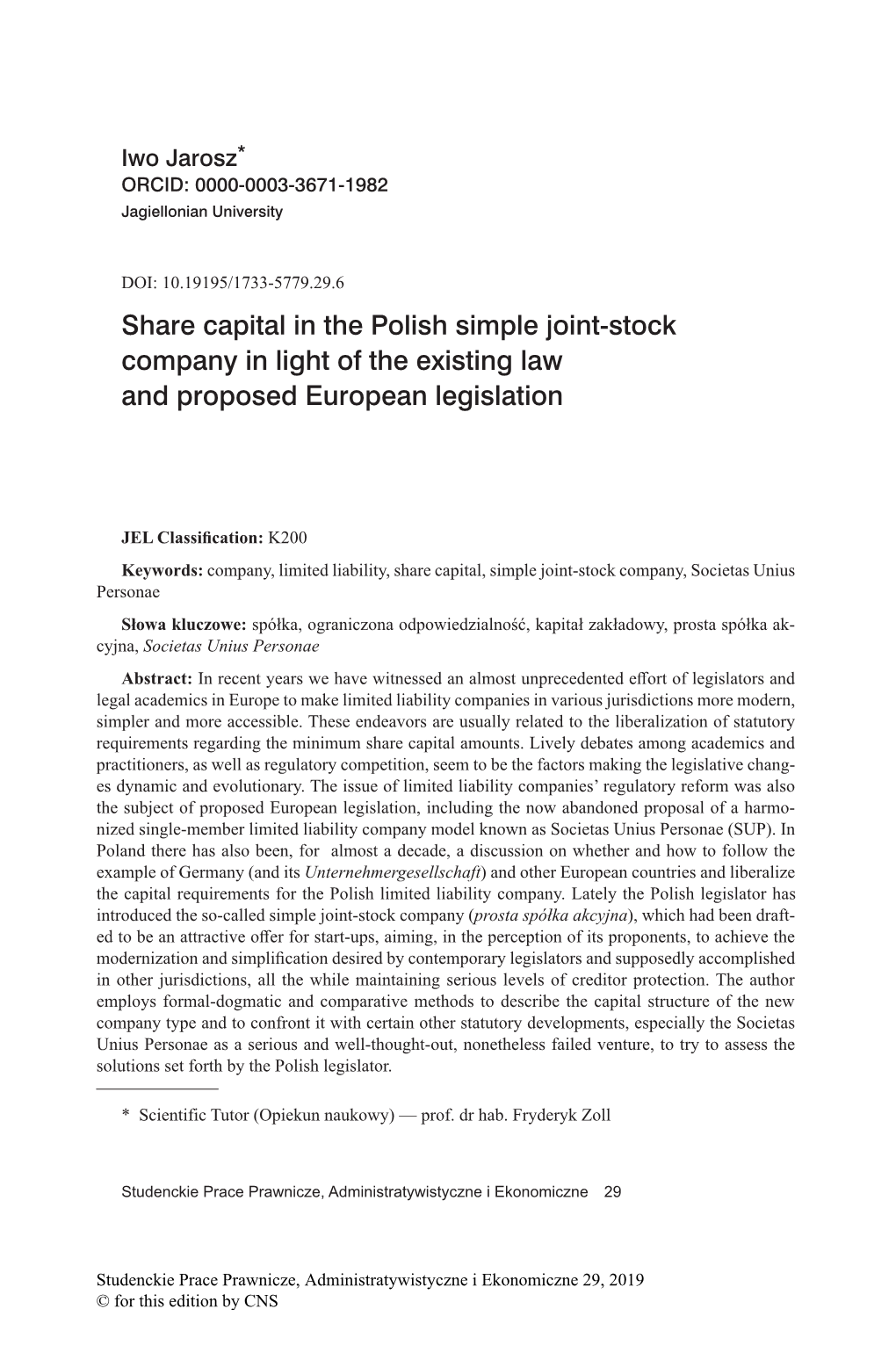 Share Capital in the Polish Simple Joint-Stock Company in Light of the Existing Law and Proposed European Legislation