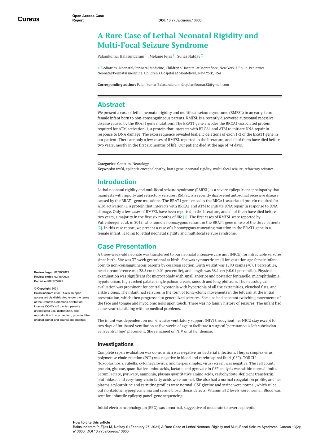 A Rare Case of Lethal Neonatal Rigidity and Multi-Focal Seizure Syndrome