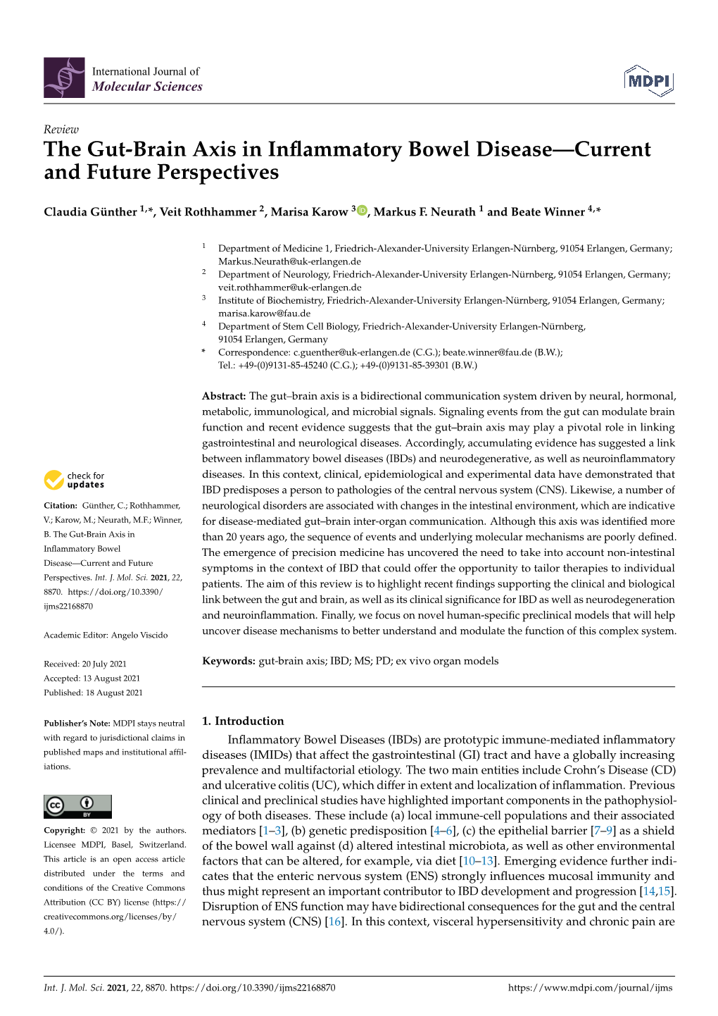 The Gut-Brain Axis in Inflammatory Bowel Disease—Current