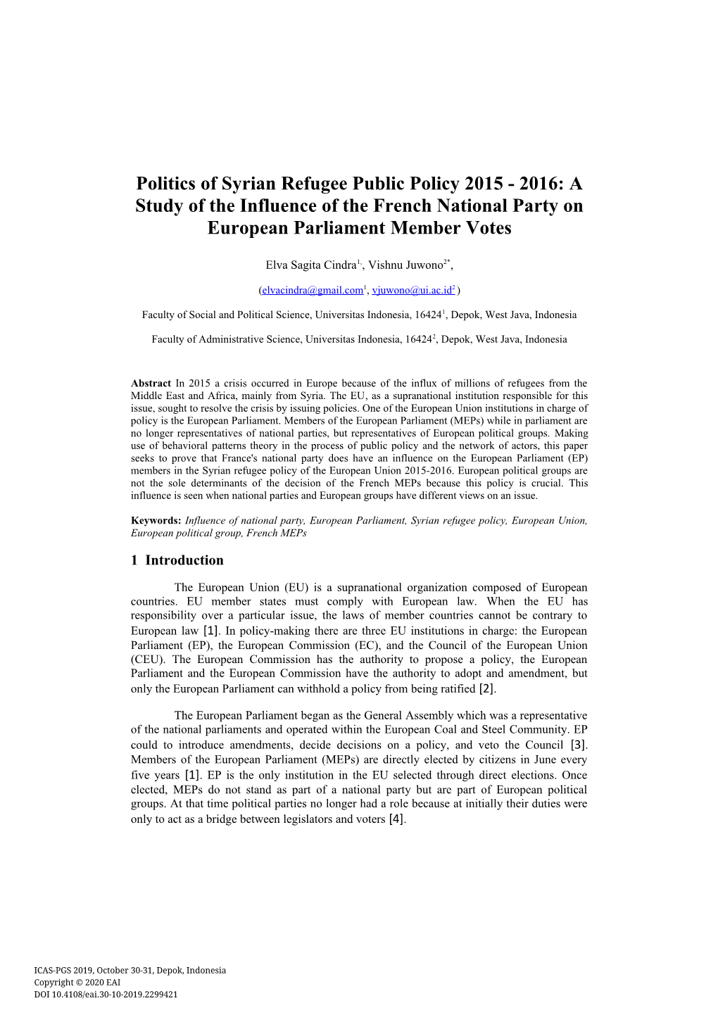 Politics of Syrian Refugee Public Policy 2015 - 2016: a Study of the Influence of the French National Party on European Parliament Member Votes