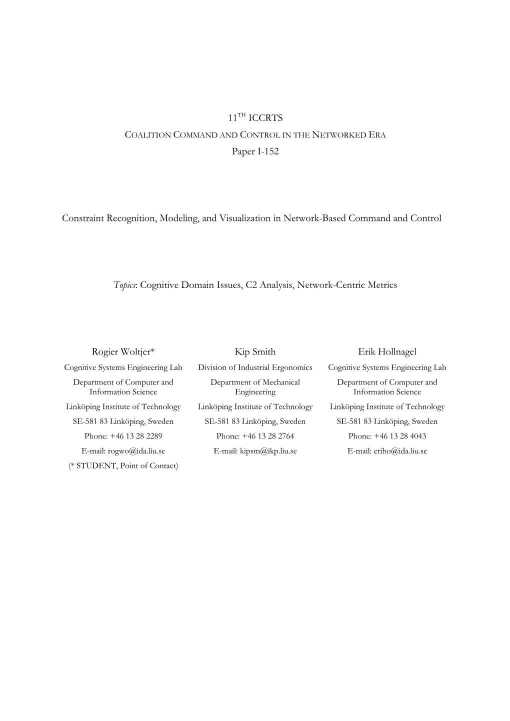 11TH ICCRTS Paper I-152 Constraint Recognition, Modeling, And