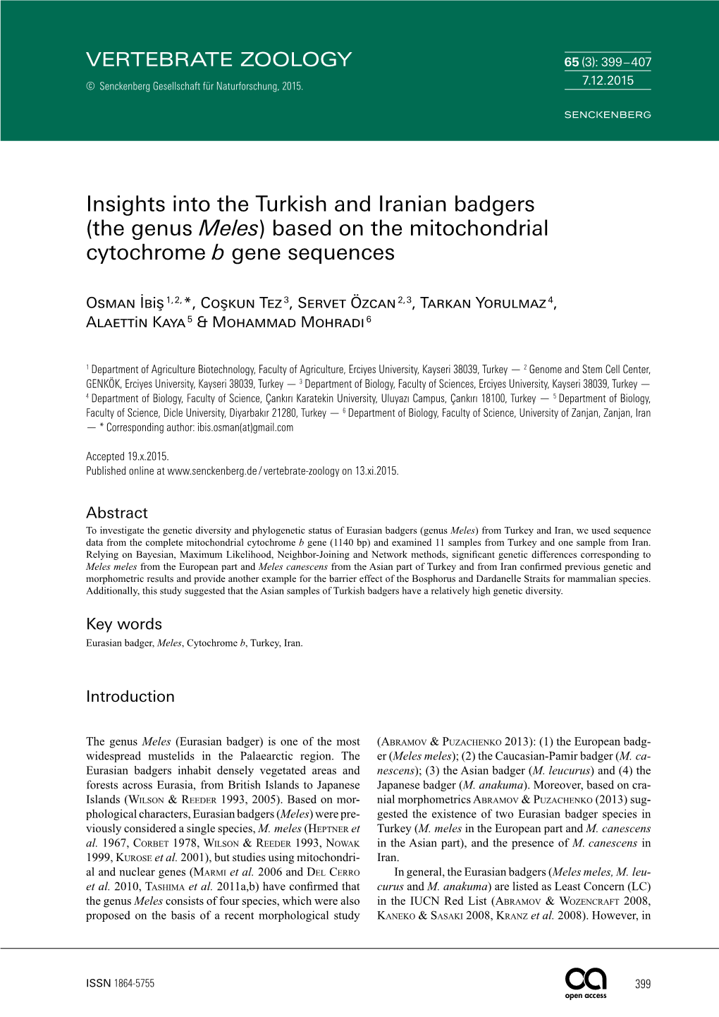 Insights Into the Turkish and Iranian Badgers (The Genus Meles) Based on the Mitochondrial Cytochrome B Gene Sequences