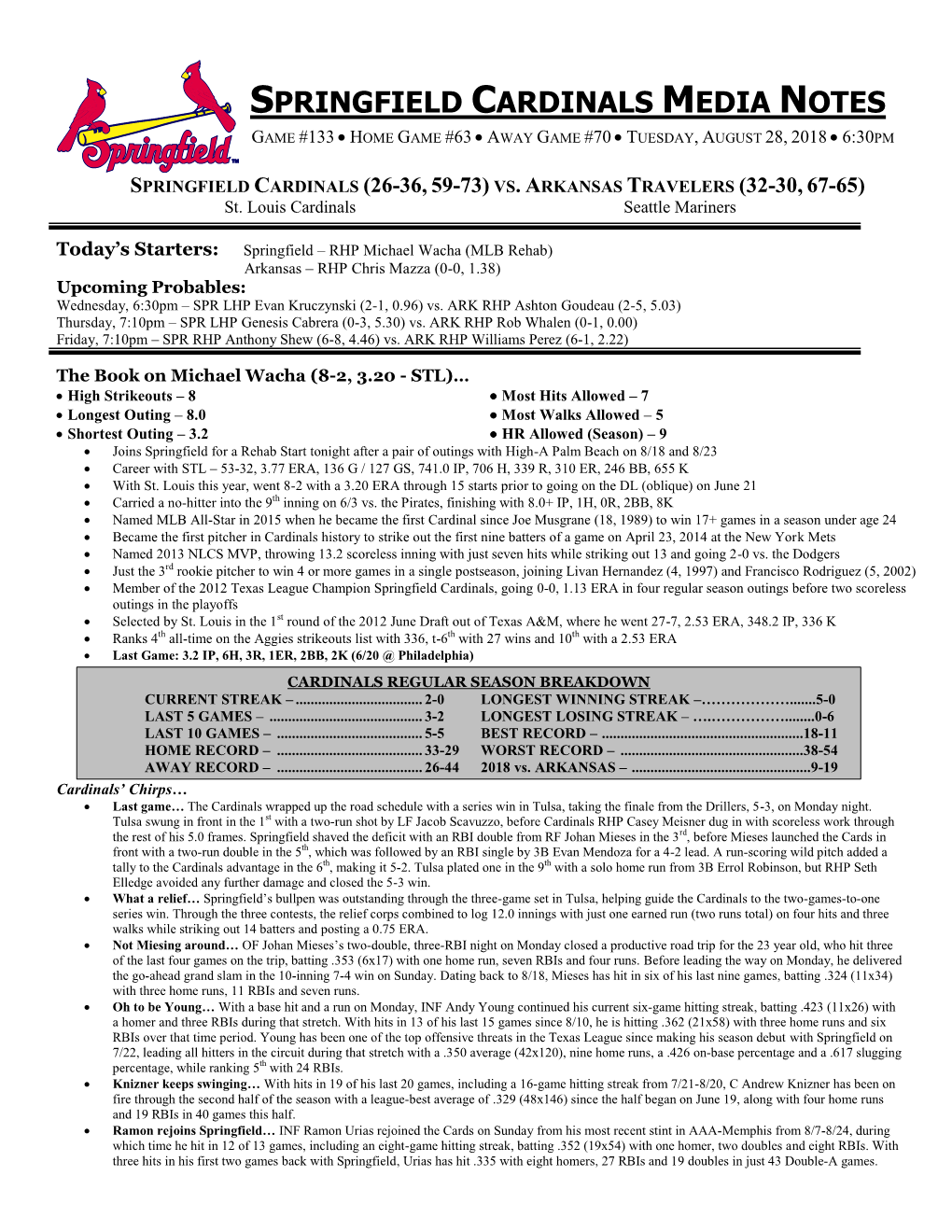 Springfield Cardinals Media Notes Game #133  Home Game #63  Away Game #70  Tuesday, August 28, 2018  6:30Pm