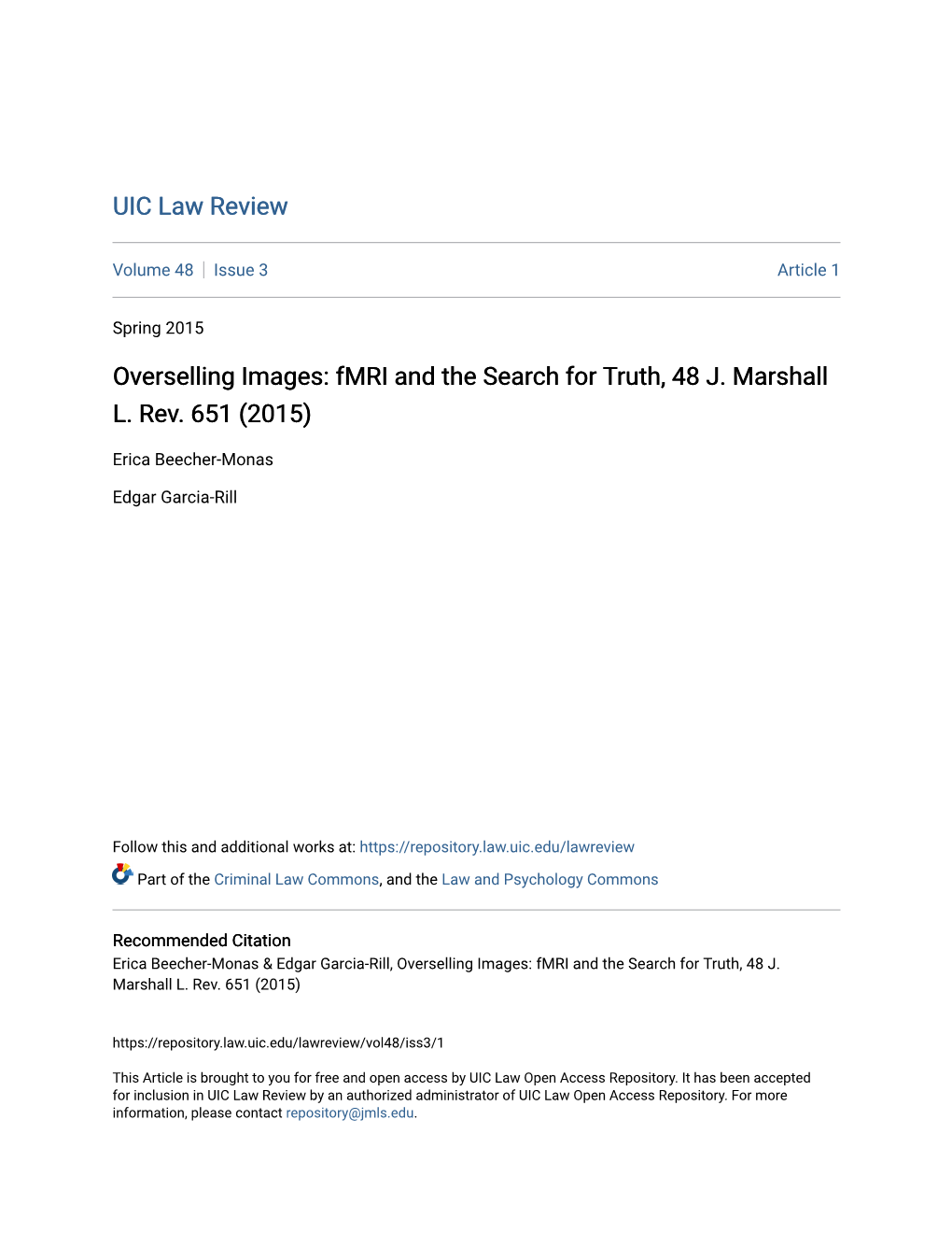 Fmri and the Search for Truth, 48 J. Marshall L. Rev. 651 (2015)