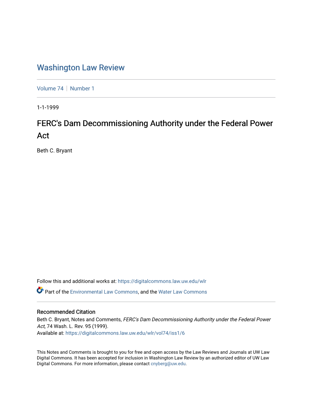 FERC's Dam Decommissioning Authority Under the Federal Power Act