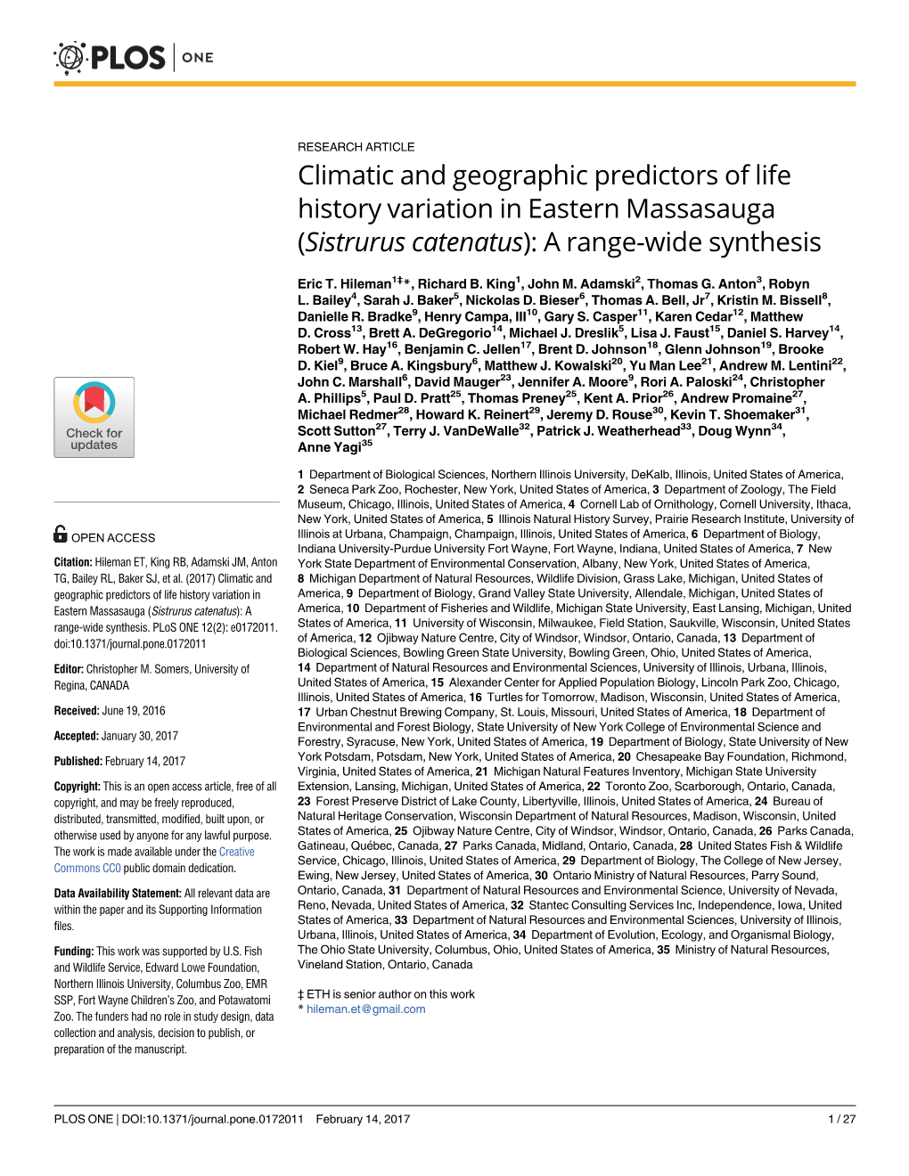 Climatic and Geographic Predictors of Life History Variation in Eastern Massasauga (Sistrurus Catenatus): a Range-Wide Synthesis