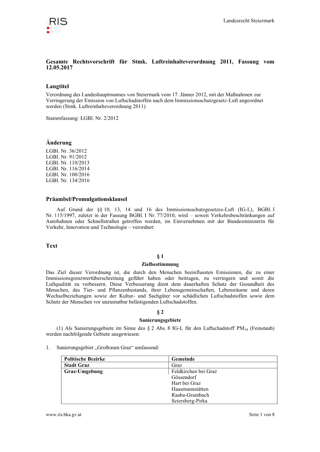 Gesamte Rechtsvorschrift Für Stmk. Luftreinhalteverordnung 2011, Fassung Vom 12.05.2017