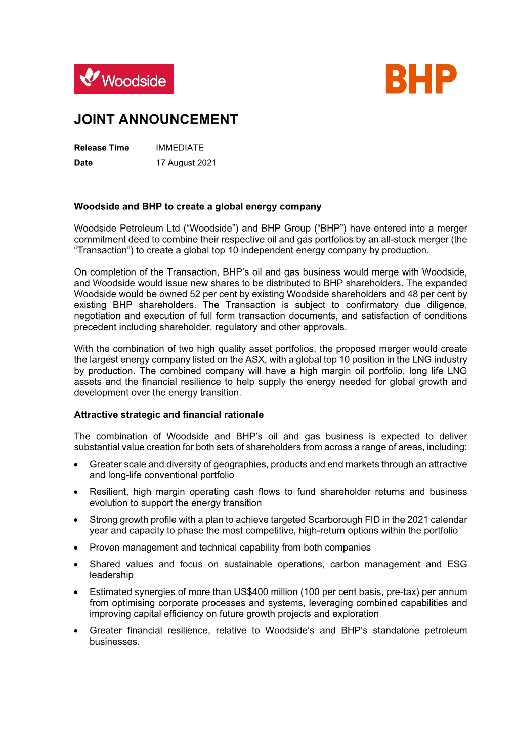 ASX: Woodside and BHP to Create a Global Energy Company