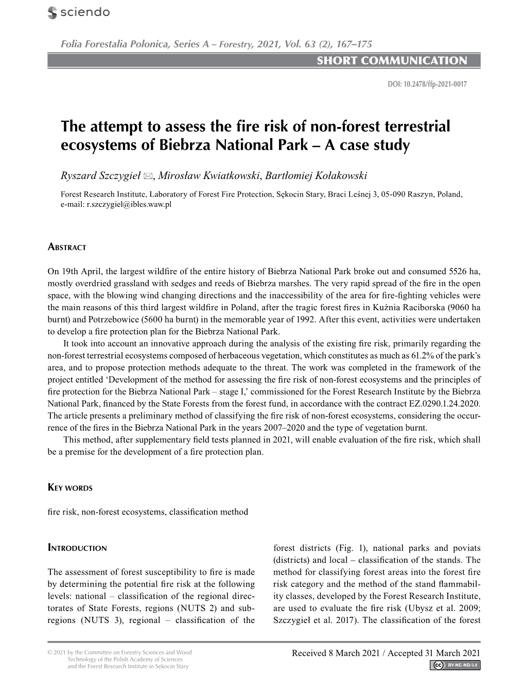 The Attempt to Assess the Fire Risk of Non-Forest Terrestrial Ecosystems of Biebrza National Park – a Case Study