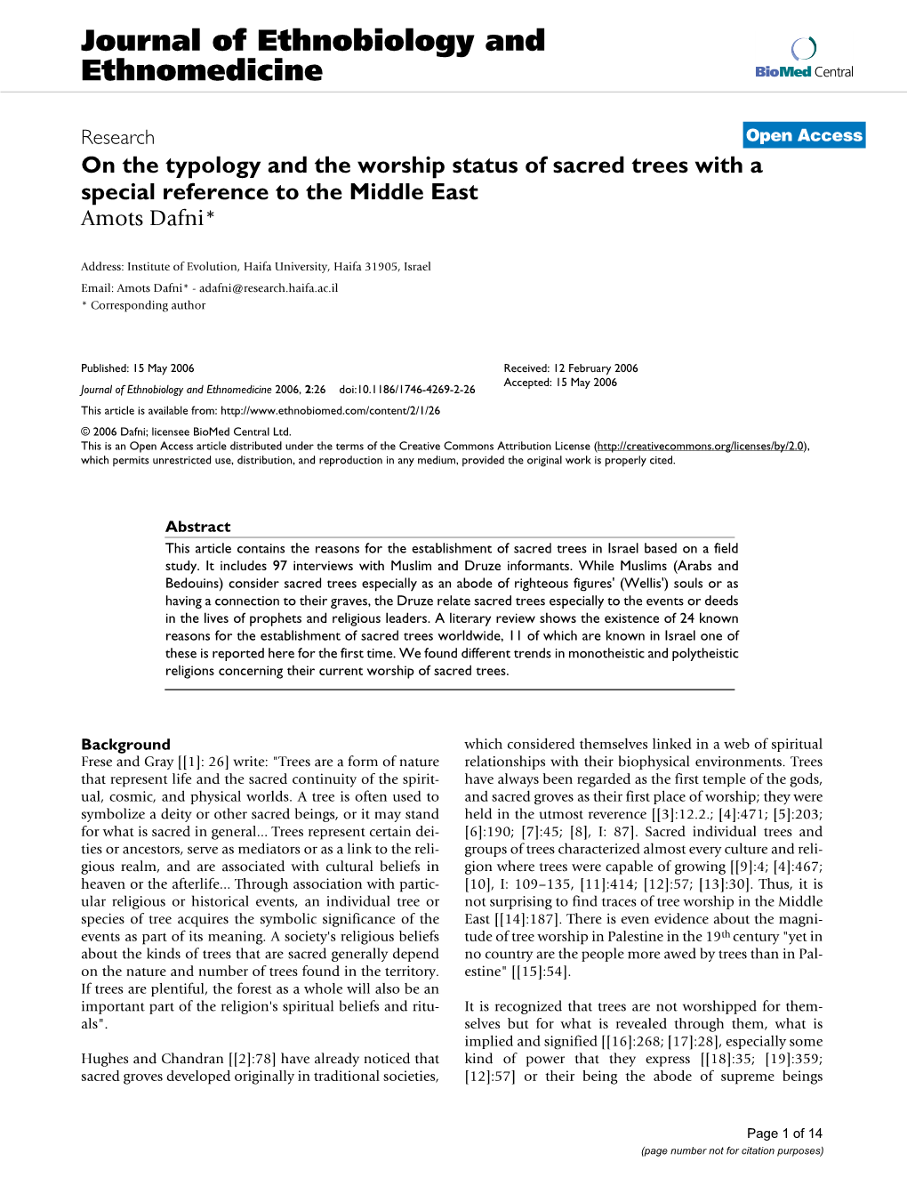 On the Typology and the Worship Status of Sacred Trees with a Special Reference to the Middle East Amots Dafni*