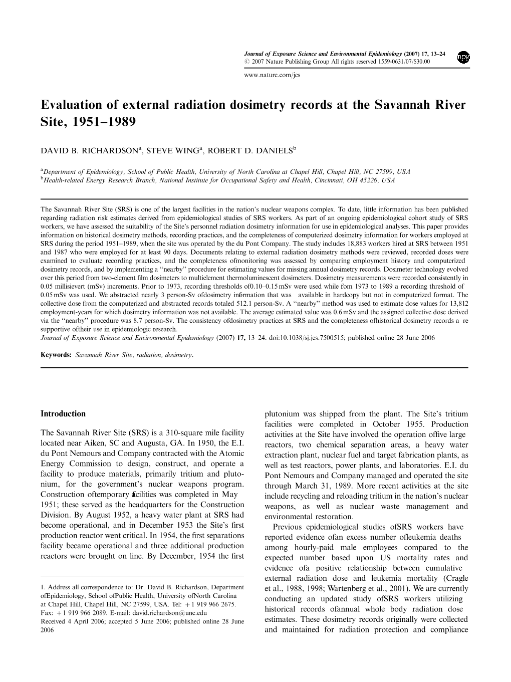 Evaluation of External Radiation Dosimetry Records at the Savannah River Site, 1951–1989