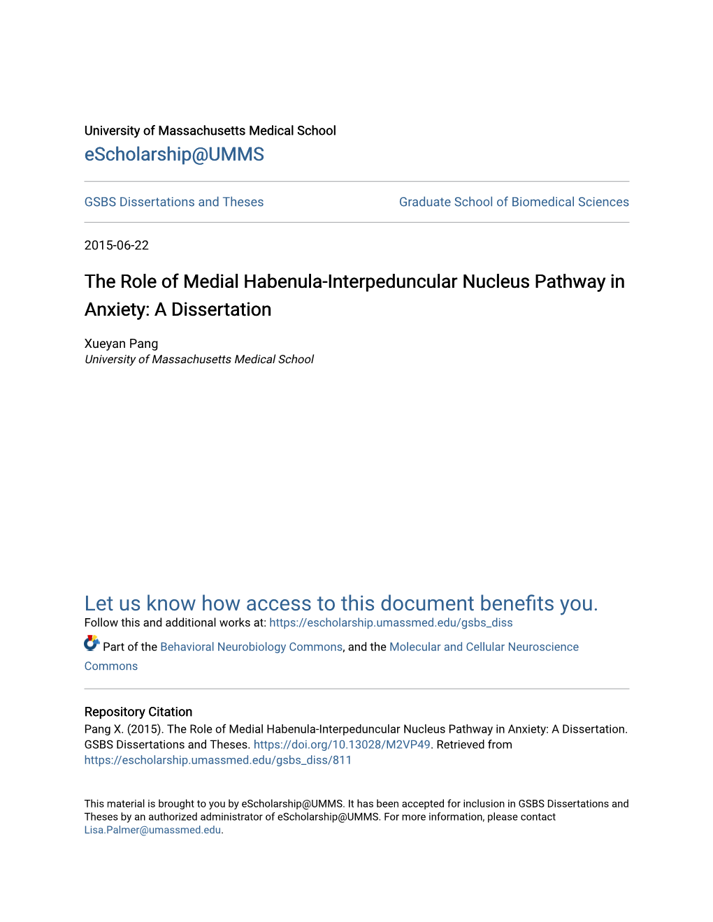 The Role of Medial Habenula-Interpeduncular Nucleus Pathway in Anxiety: a Dissertation