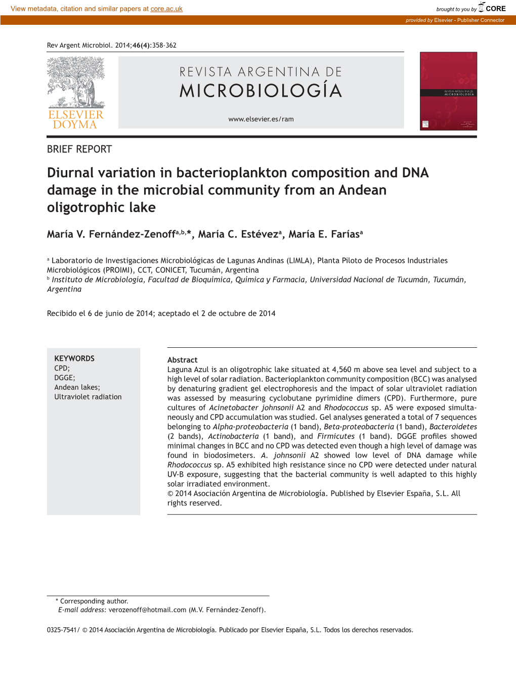 Diurnal Variation in Bacterioplankton Composition and DNA Damage in the Microbial Community from an Andean Oligotrophic Lake