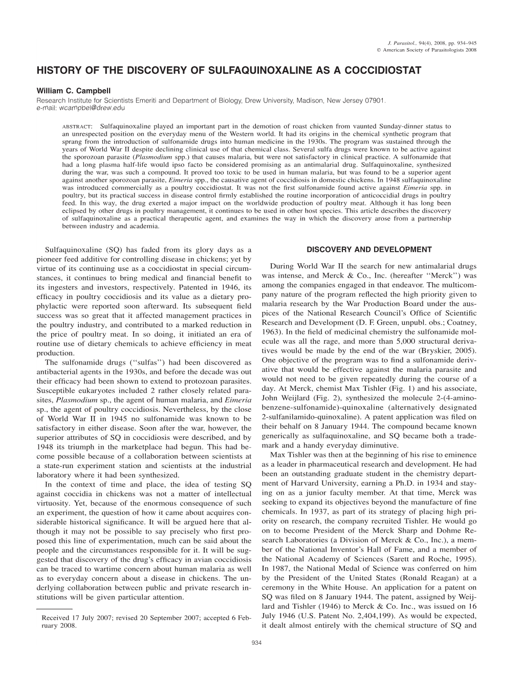 History of the Discovery of Sulfaquinoxaline As a Coccidiostat