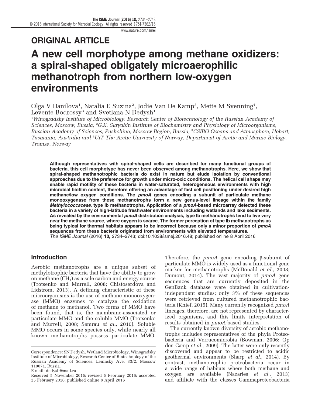 A New Cell Morphotype Among Methane Oxidizers: a Spiral-Shaped Obligately Microaerophilic Methanotroph from Northern Low-Oxygen Environments