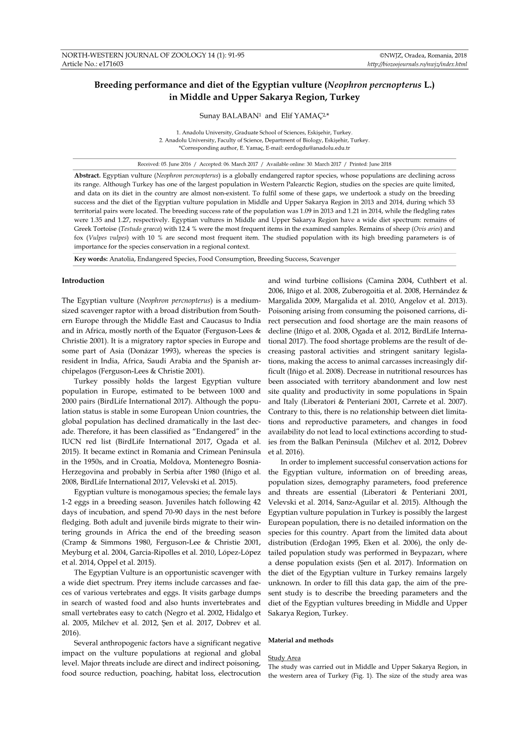 Breeding Performance and Diet of the Egyptian Vulture (Neophron Percnopterus L.) in Middle and Upper Sakarya Region, Turkey