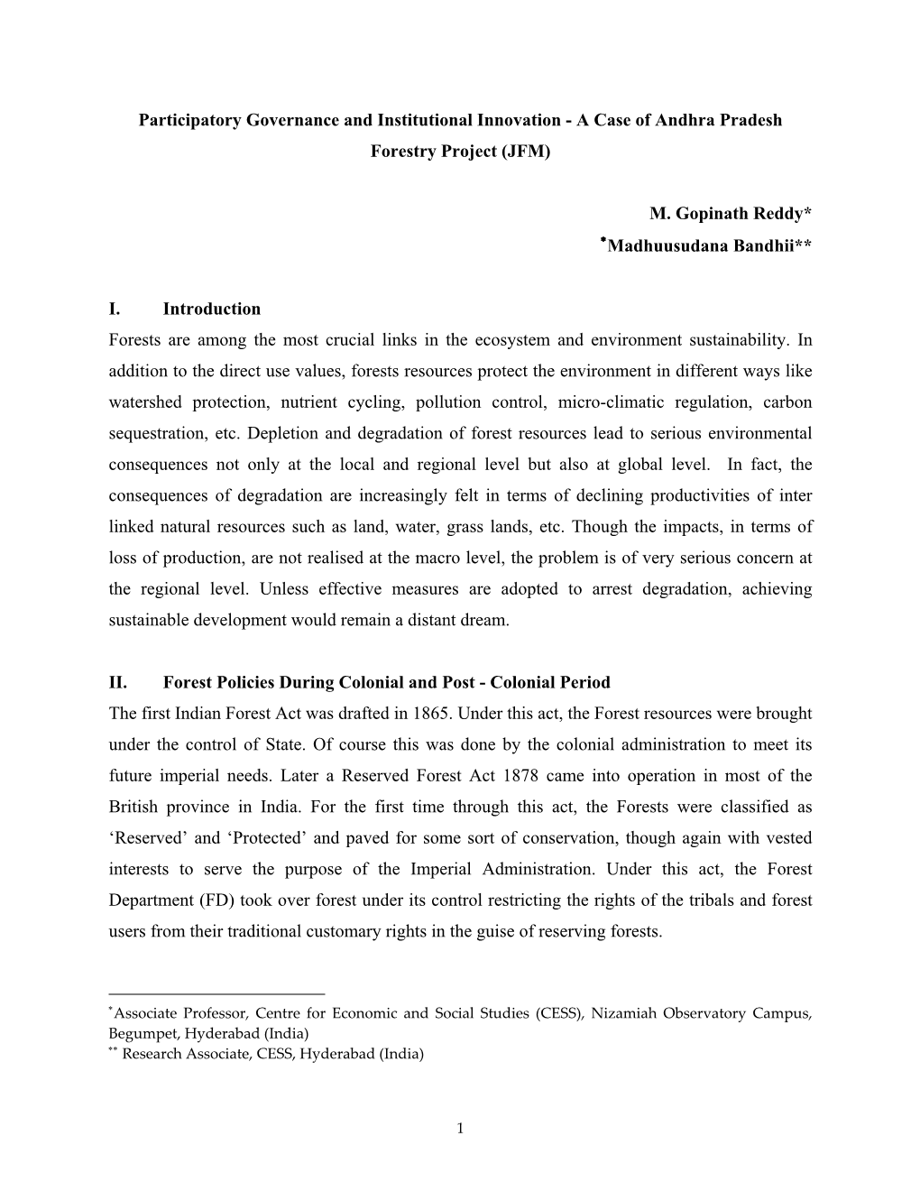 Participatory Governance and Institutional Innovation - a Case of Andhra Pradesh Forestry Project (JFM)