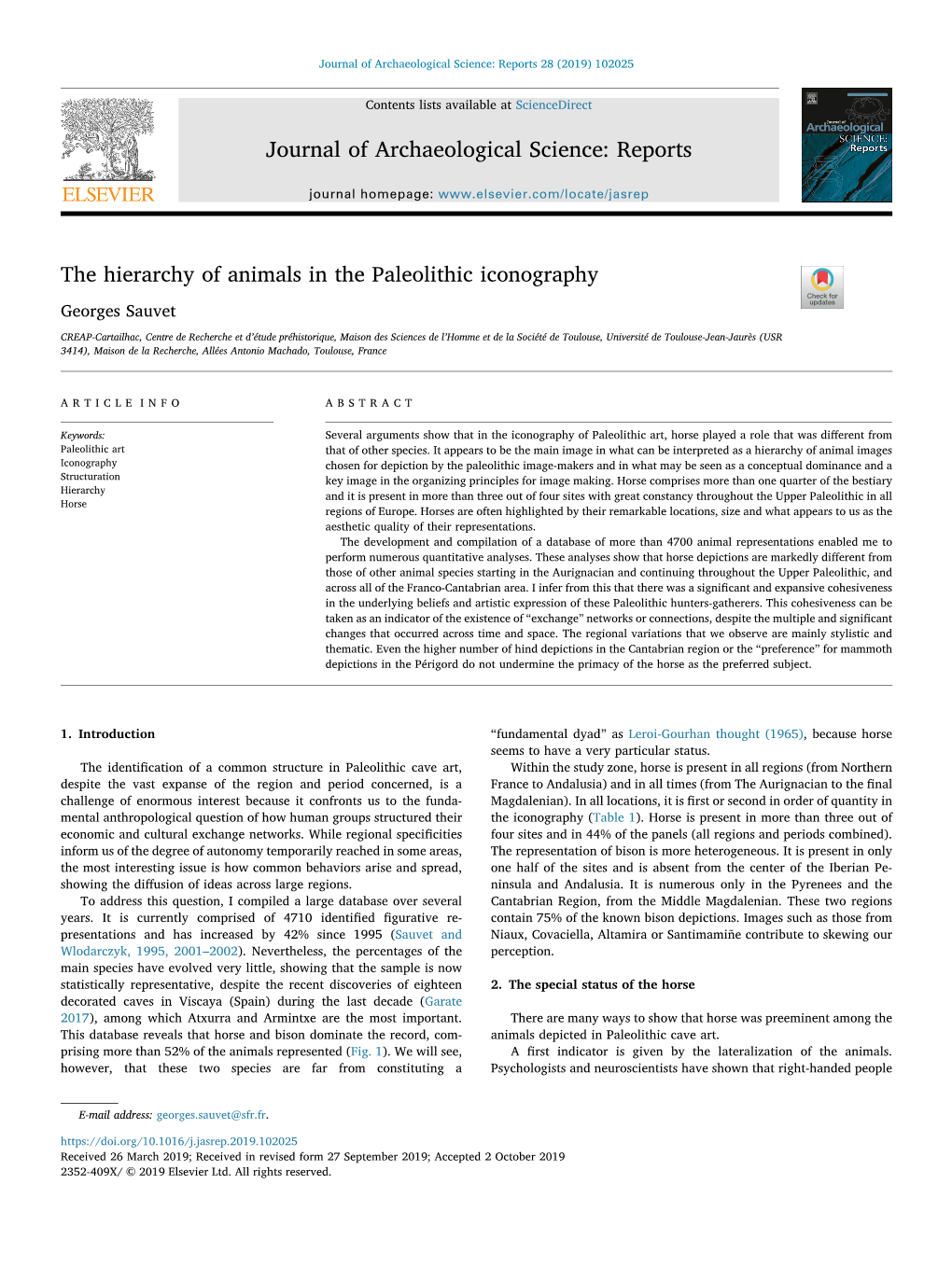 The Hierarchy of Animals in the Paleolithic Iconography T Georges Sauvet