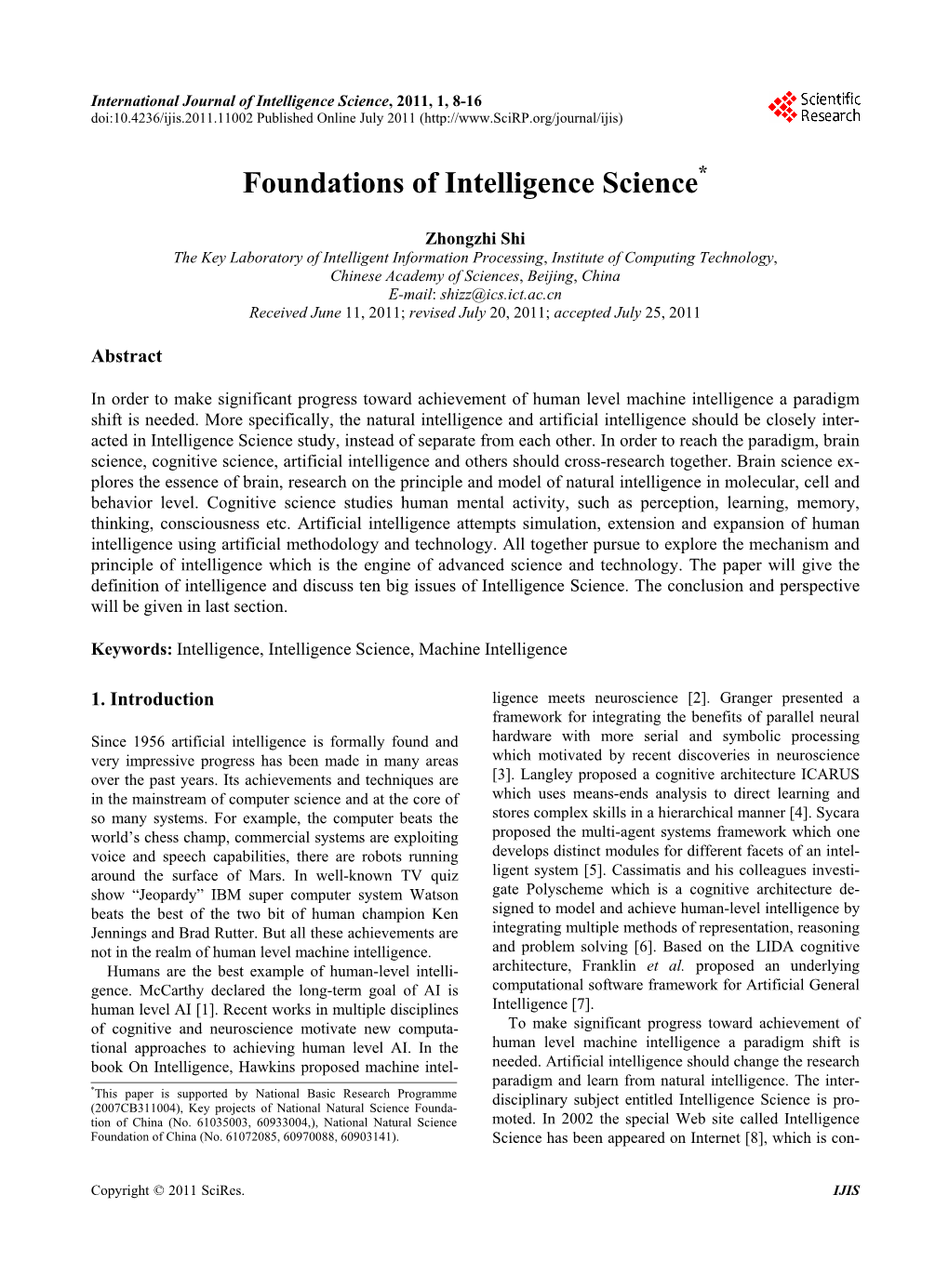 Foundations of Intelligence Science*