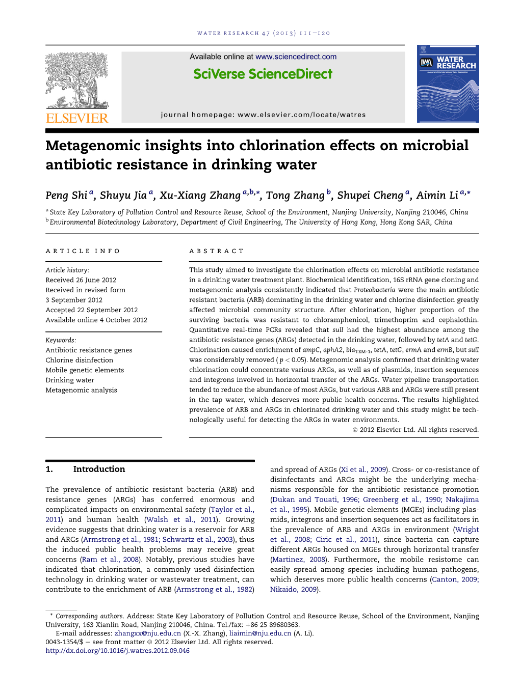Metagenomic Insights Into Chlorination Effects on Microbial Antibiotic Resistance in Drinking Water