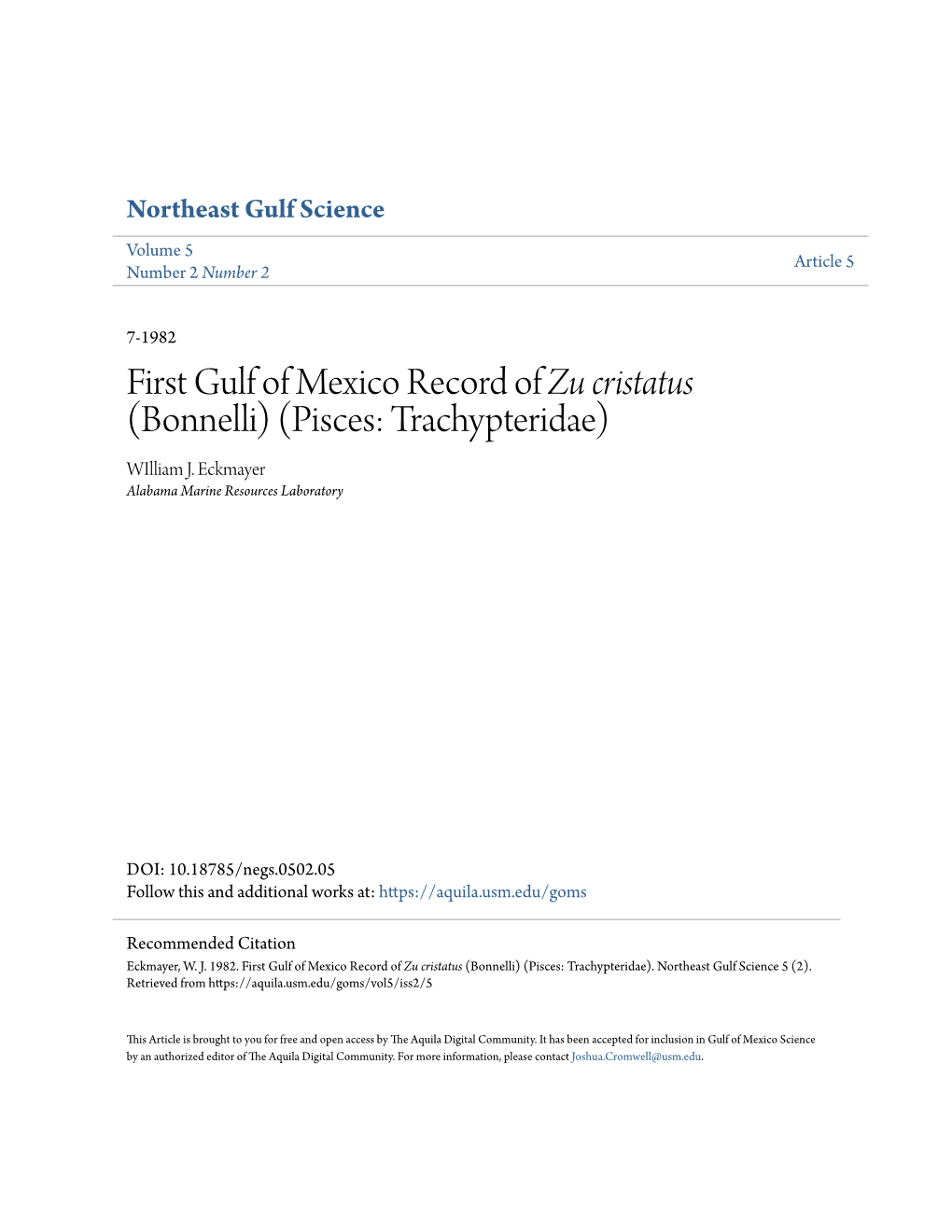 First Gulf of Mexico Record of Zu Cristatus (Bonnelli) (Pisces: Trachypteridae) William J