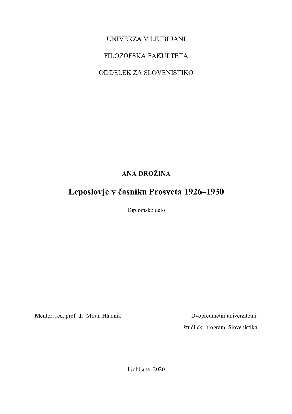 Leposlovje V Časniku Prosveta 1926–1930