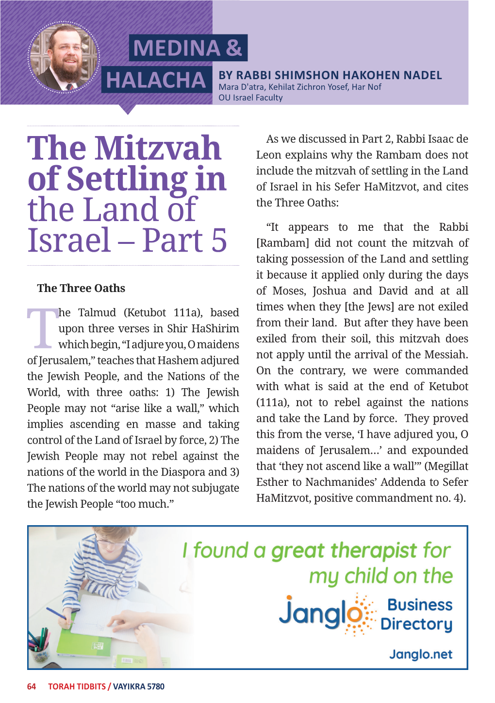 The Mitzvah of Settling in the Land of Israel – Part 5