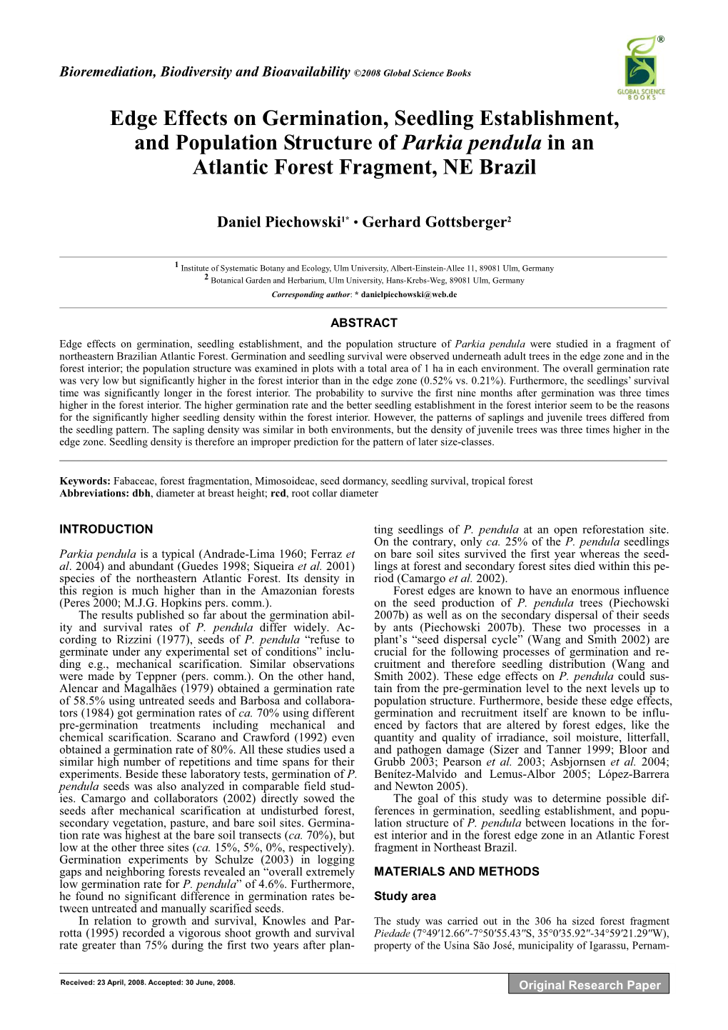 Edge Effects on Germination, Seedling Establishment, and Population Structure of Parkia Pendula in an Atlantic Forest Fragment, NE Brazil