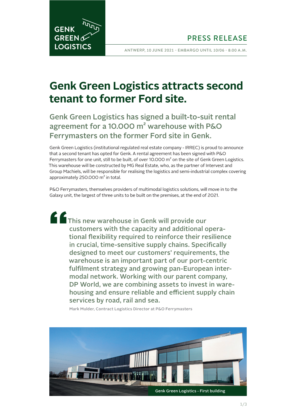 Genk Green Logistics Attracts Second Tenant to Former Ford Site