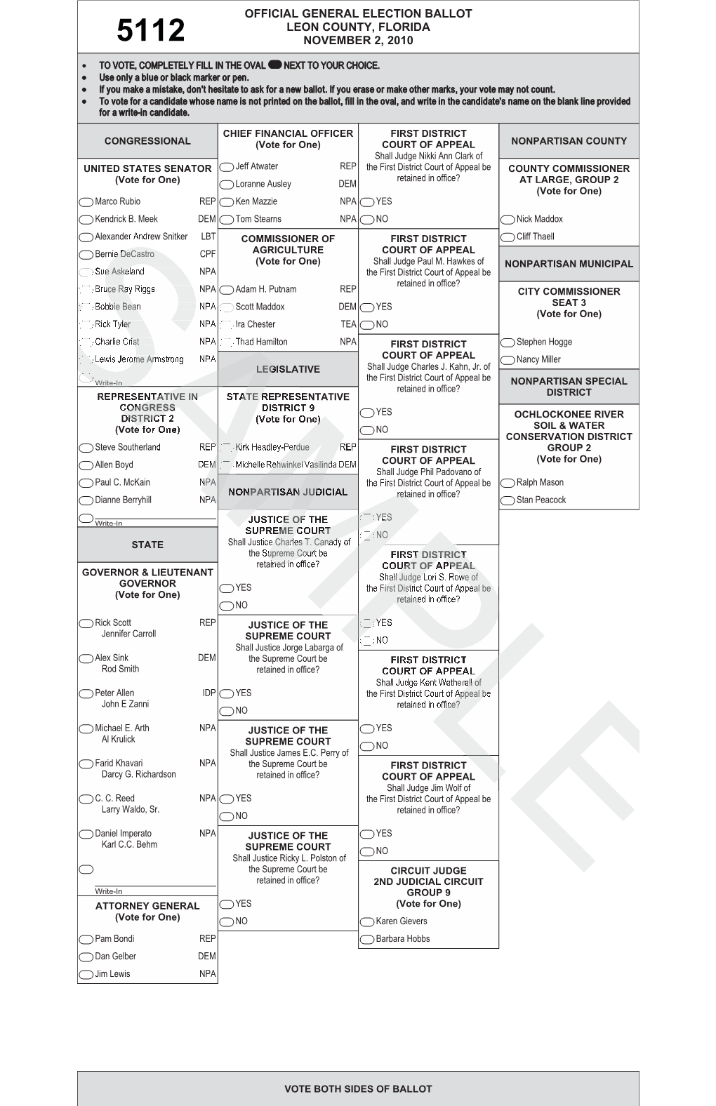 Official General Election Ballot Leon County, Florida 5112 November 2, 2010