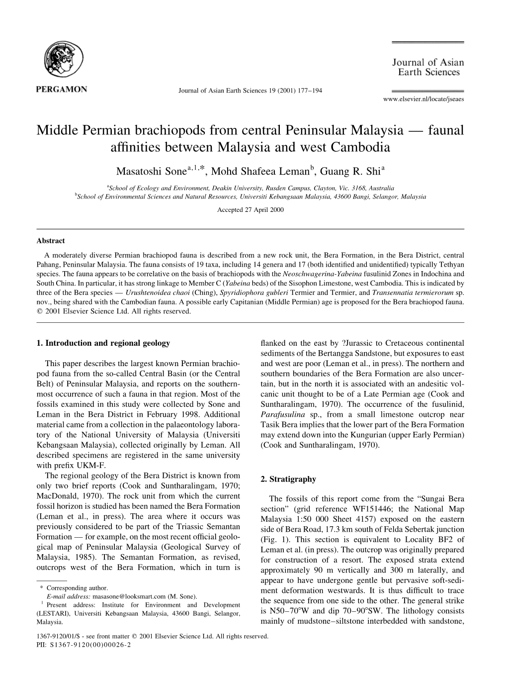 Middle Permian Brachiopods from Central Peninsular Malaysia Ð Faunal Af®Nities Between Malaysia and West Cambodia