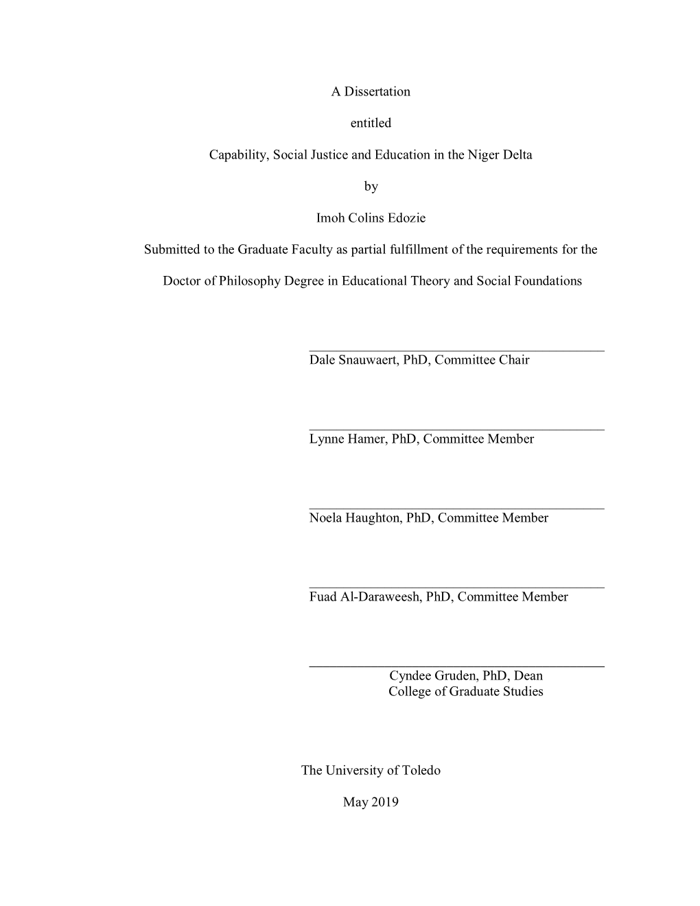 A Dissertation Entitled Capability, Social Justice and Education in The