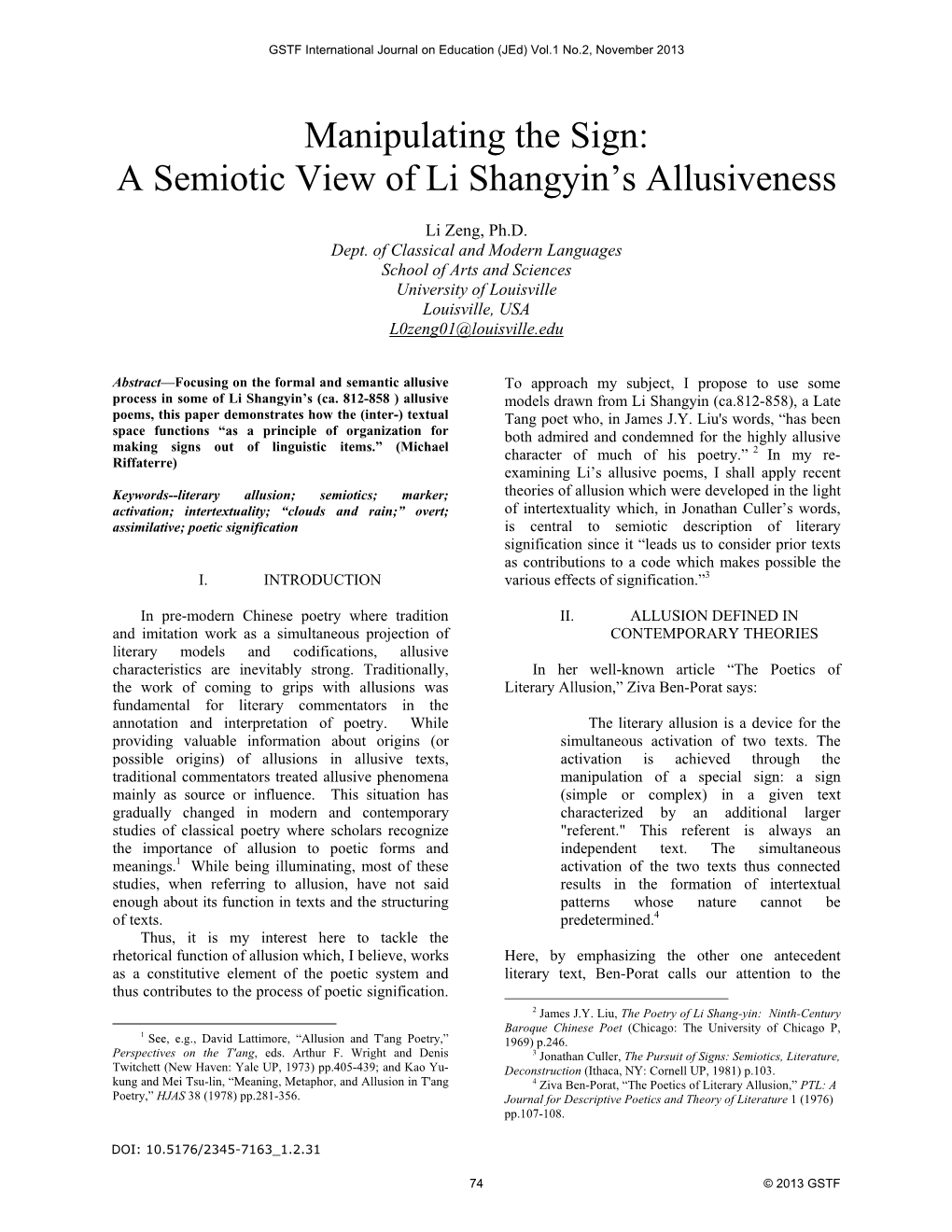 A Semiotic View of Li Shangyin's Allusiveness