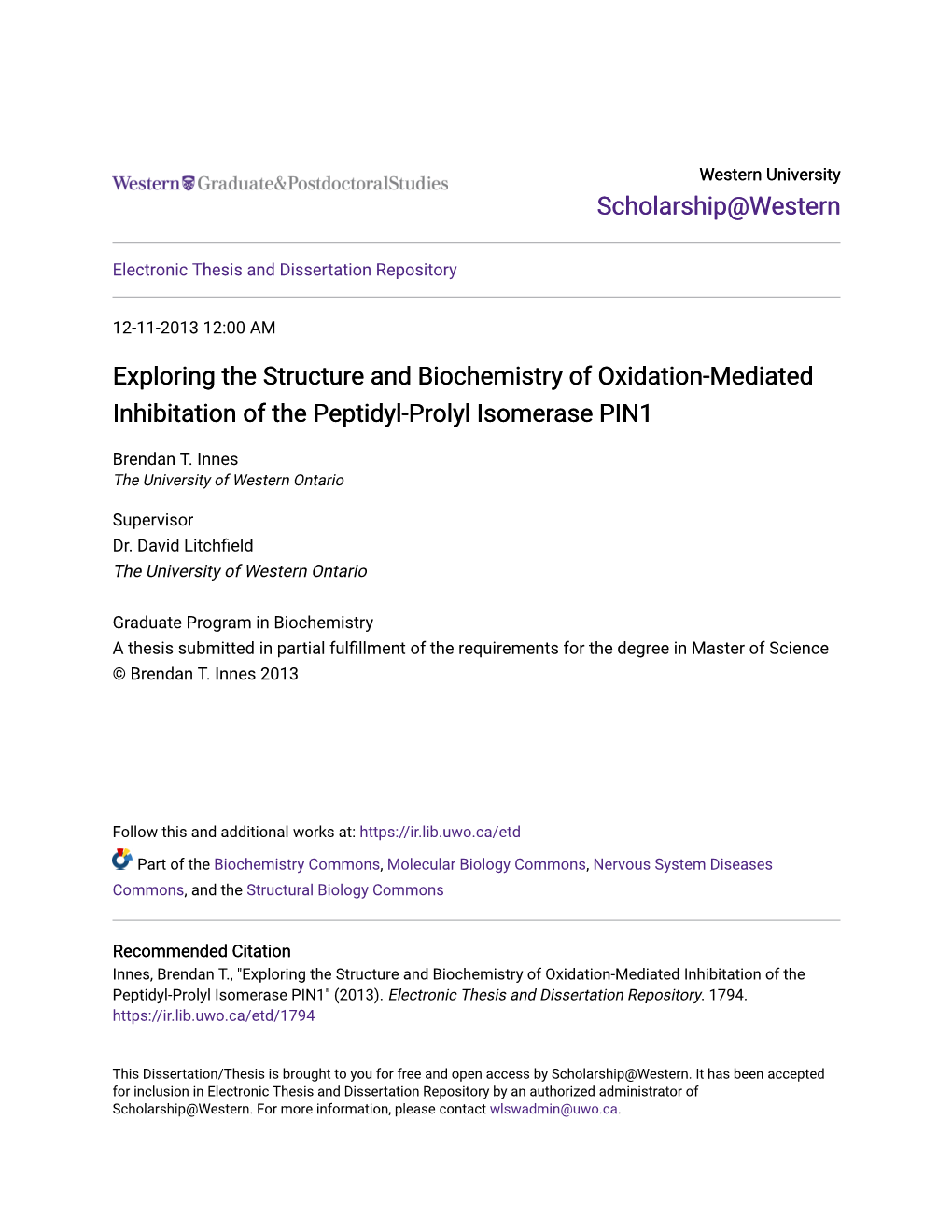 Exploring the Structure and Biochemistry of Oxidation-Mediated Inhibitation of the Peptidyl-Prolyl Isomerase PIN1