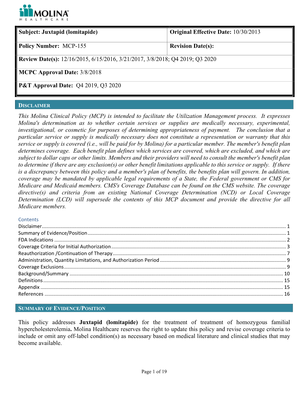 Juxtapid (Lomitapide) MCP-155