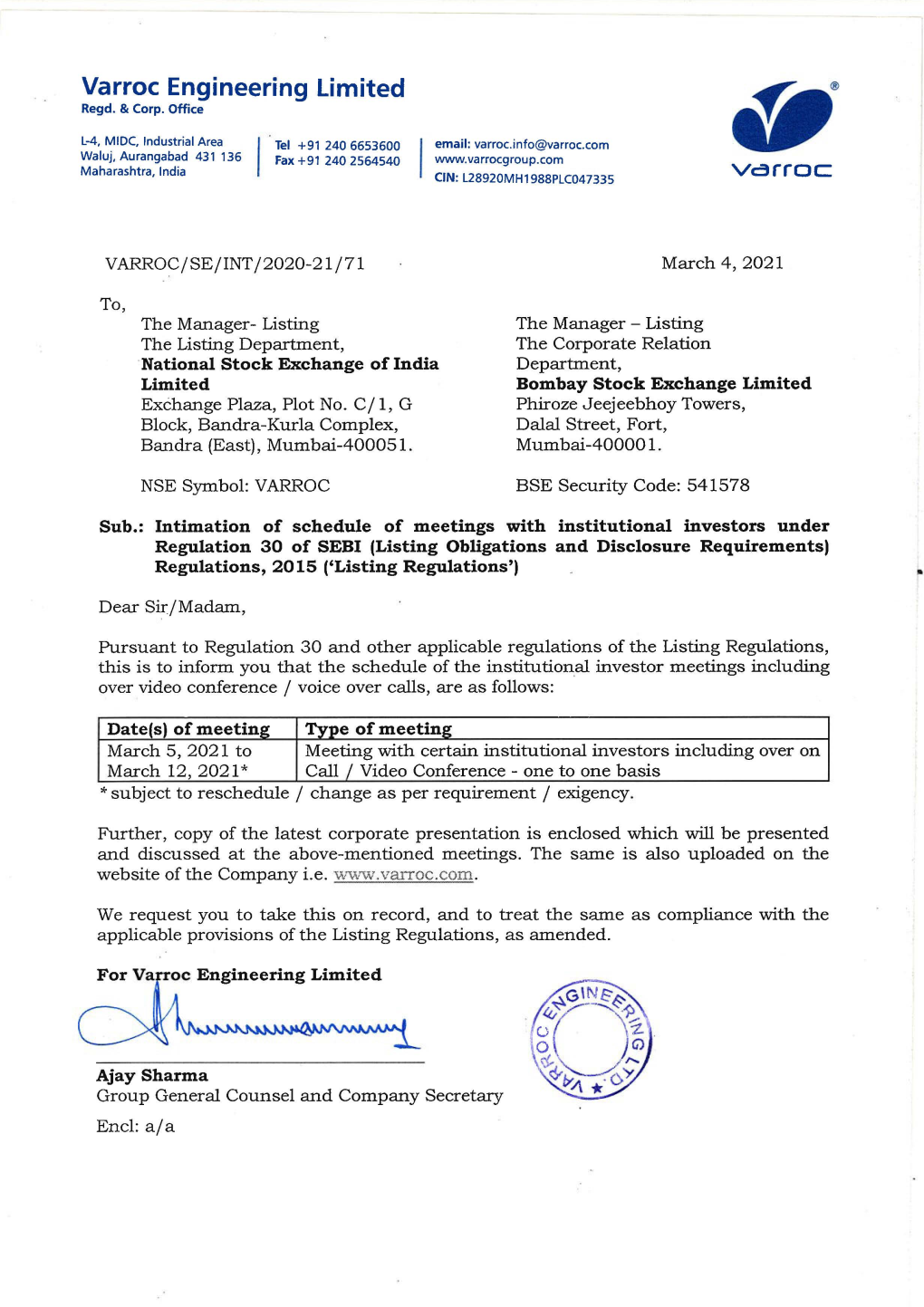 Intimation Regarding Schedule of Institutional Investor Meeting