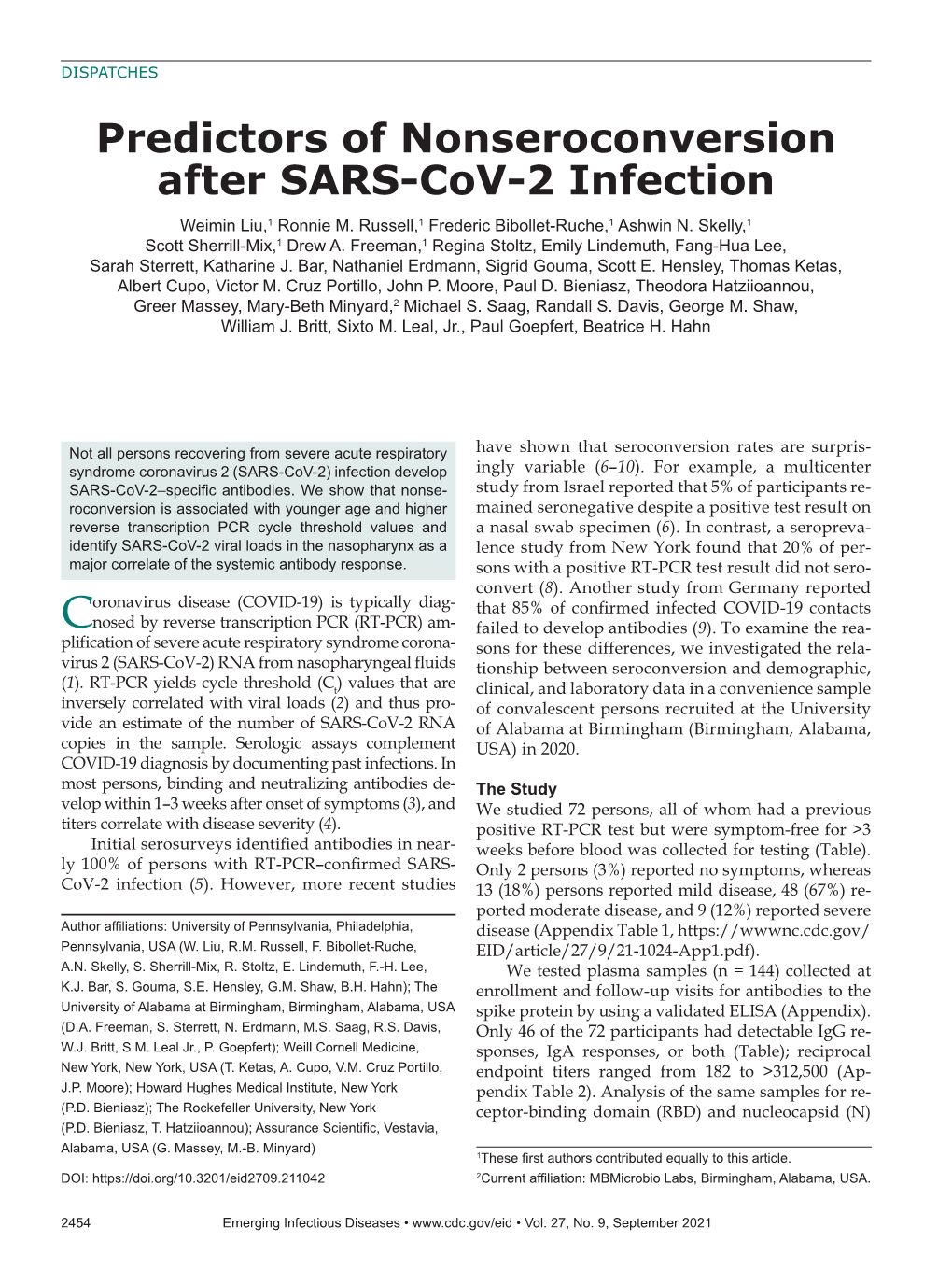 Predictors of Nonseroconversion After SARS-Cov-2 Infection Weimin Liu,1 Ronnie M