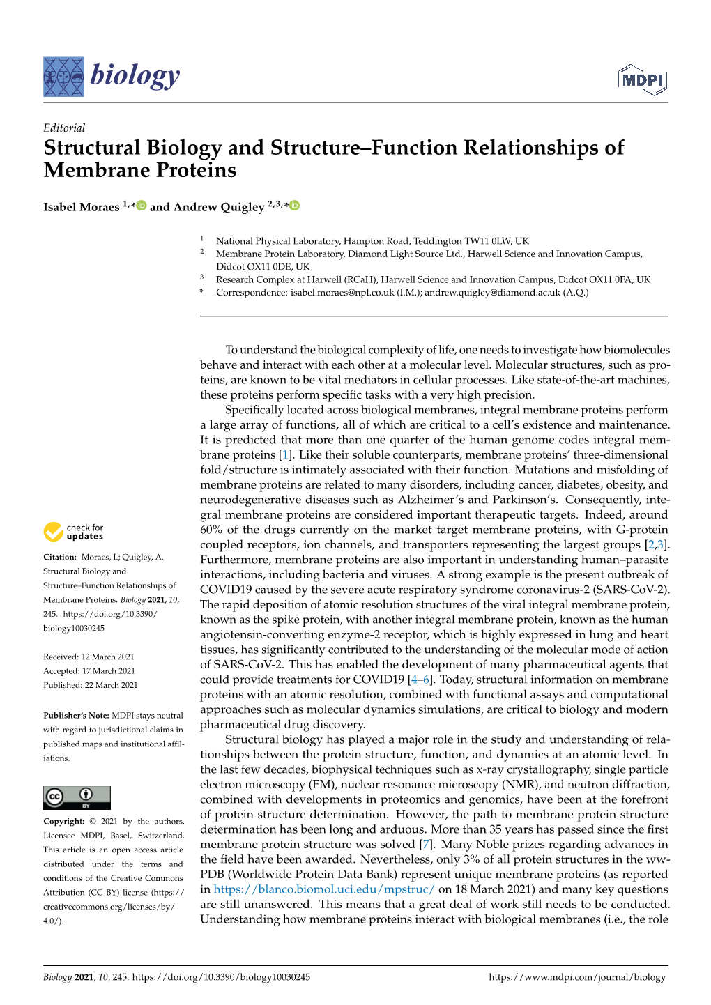 Structural Biology and Structure–Function Relationships of Membrane Proteins