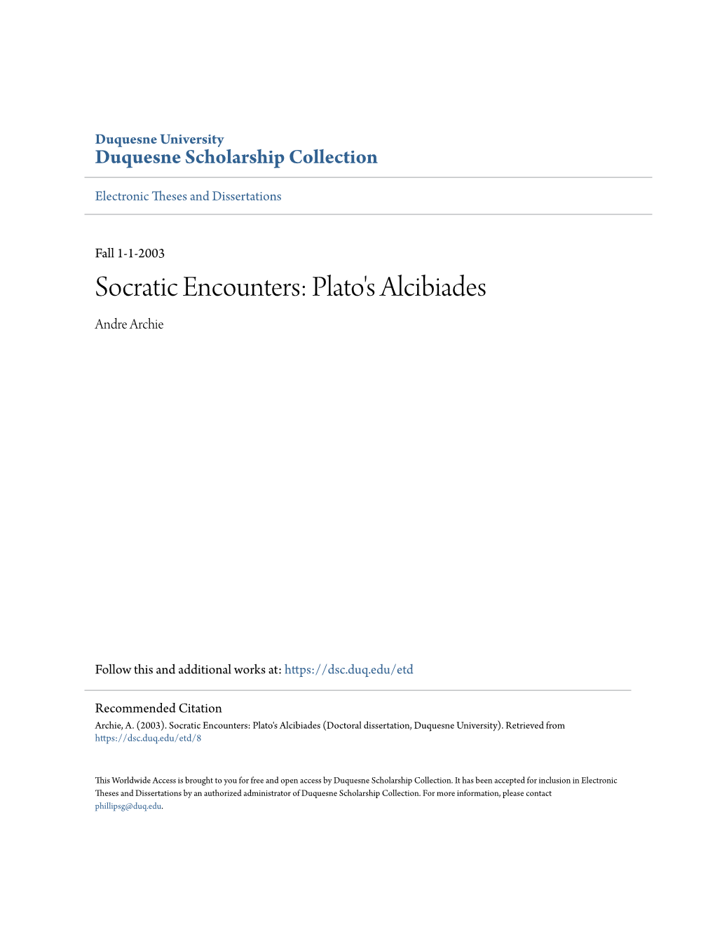 Socratic Encounters: Plato's Alcibiades Andre Archie