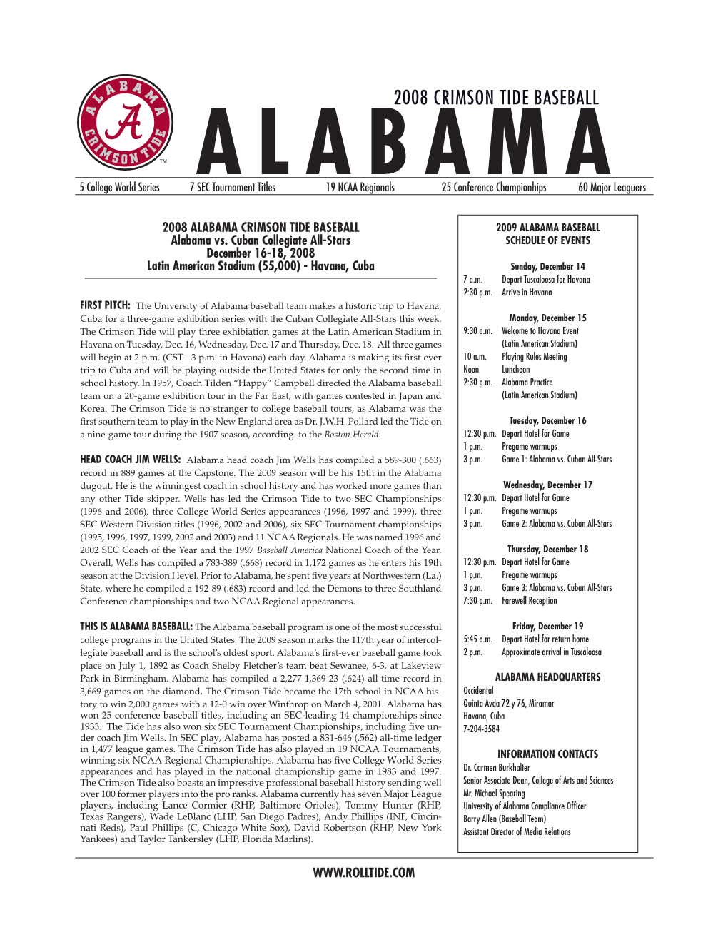 2008 Alabama Baseball Cuba Trip Notes (Dec. 14-19, 2008).Indd