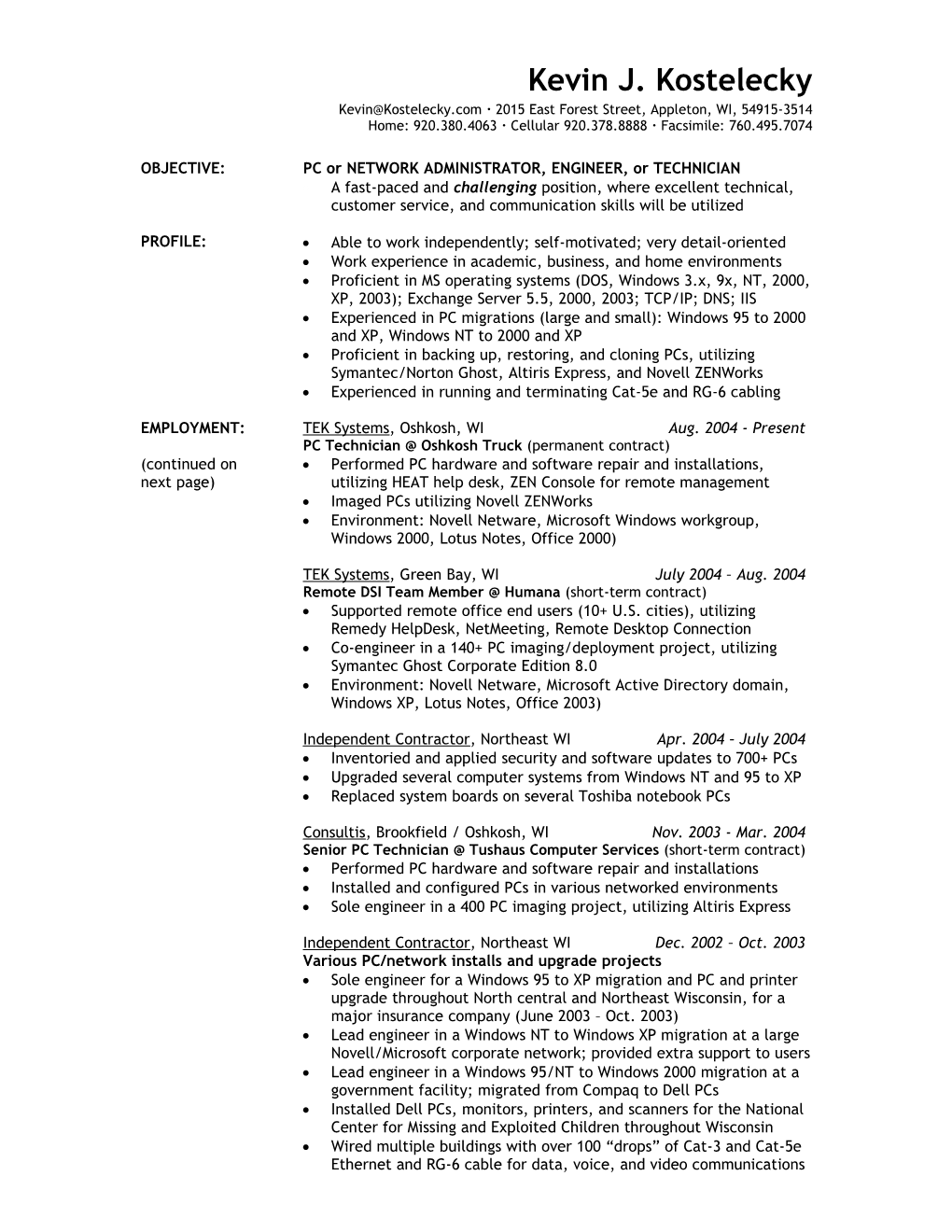 Kevin J. Kostelecky's Resume