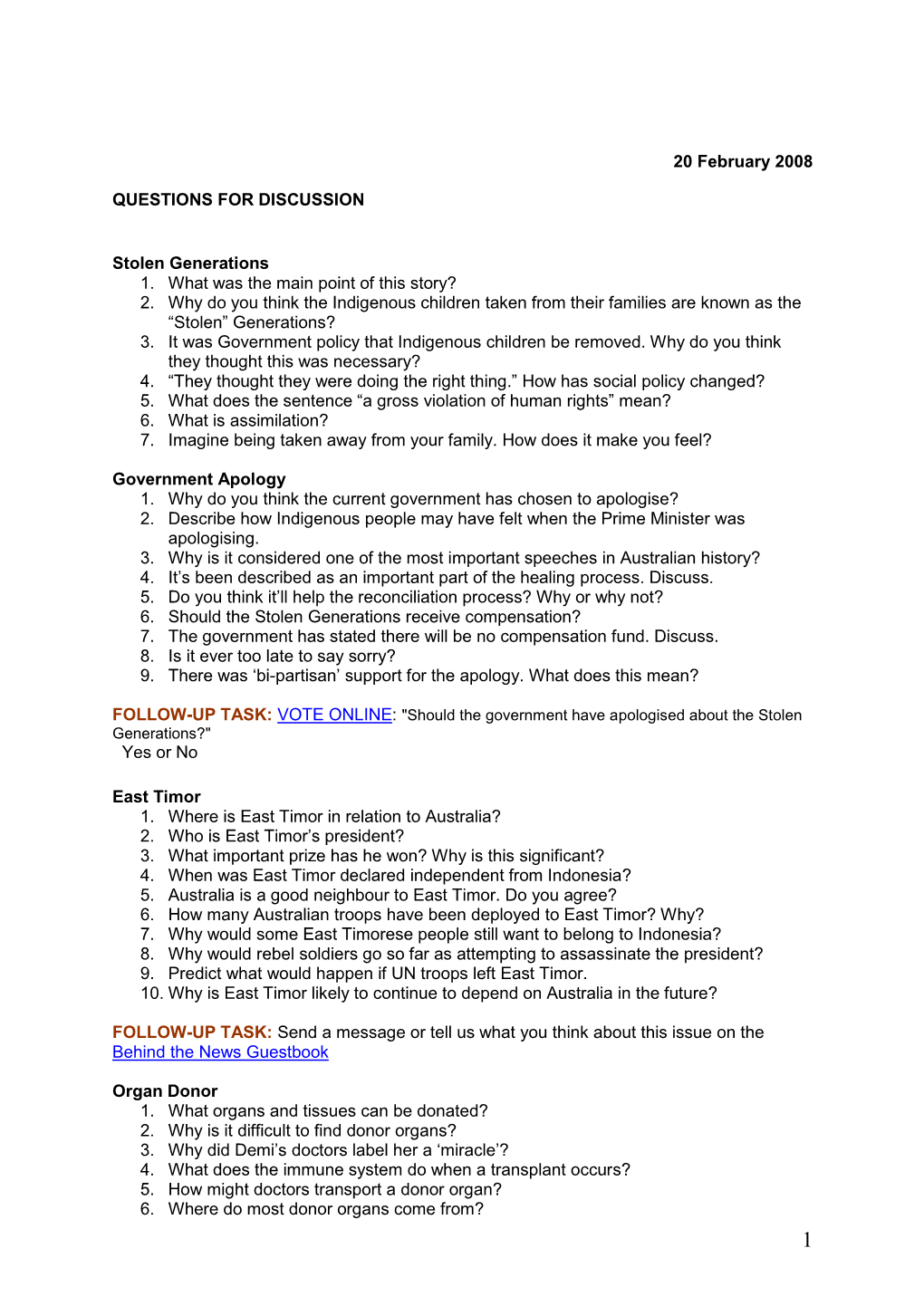 20 February 2008 QUESTIONS for DISCUSSION Stolen Generations 1