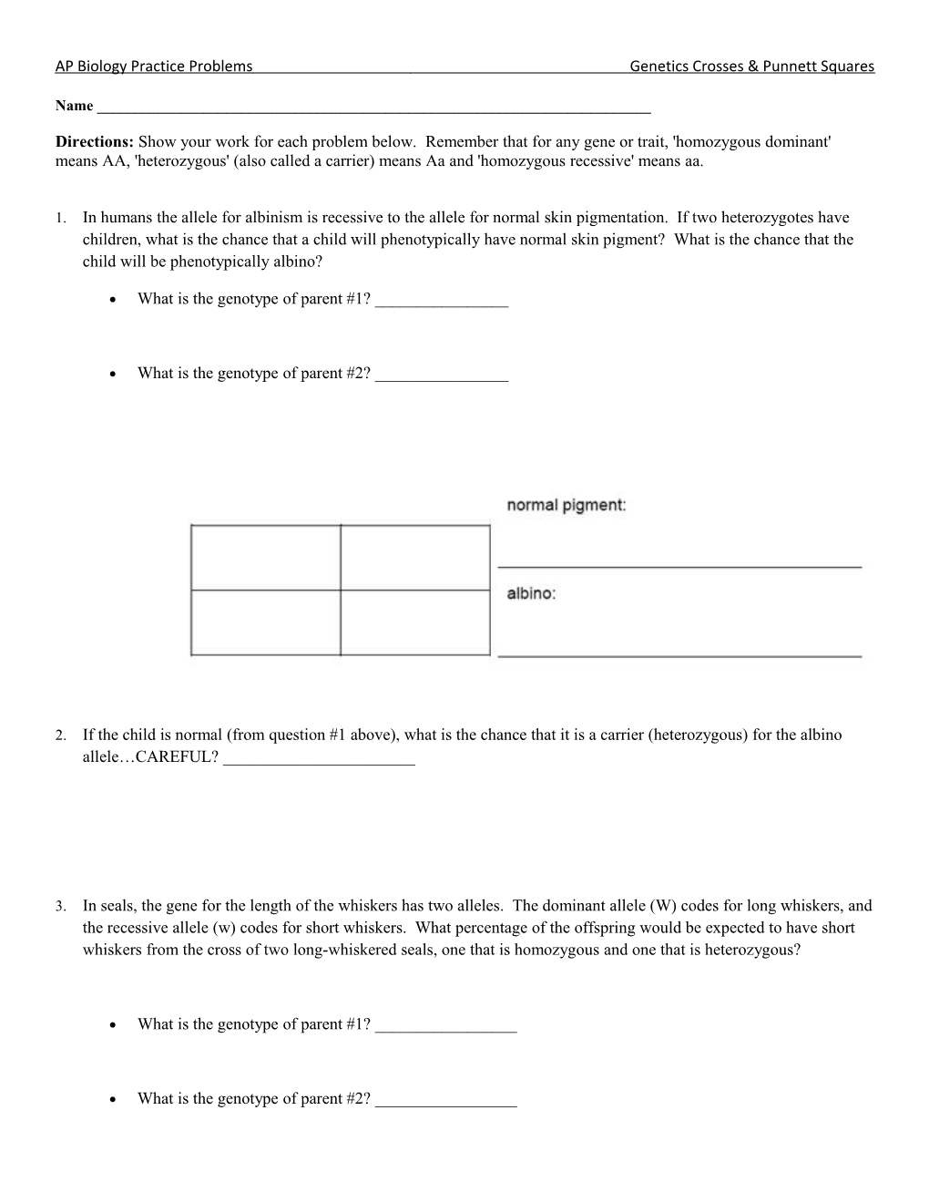 AP Biology Practice Problems Genetics Crosses & Punnett Squares