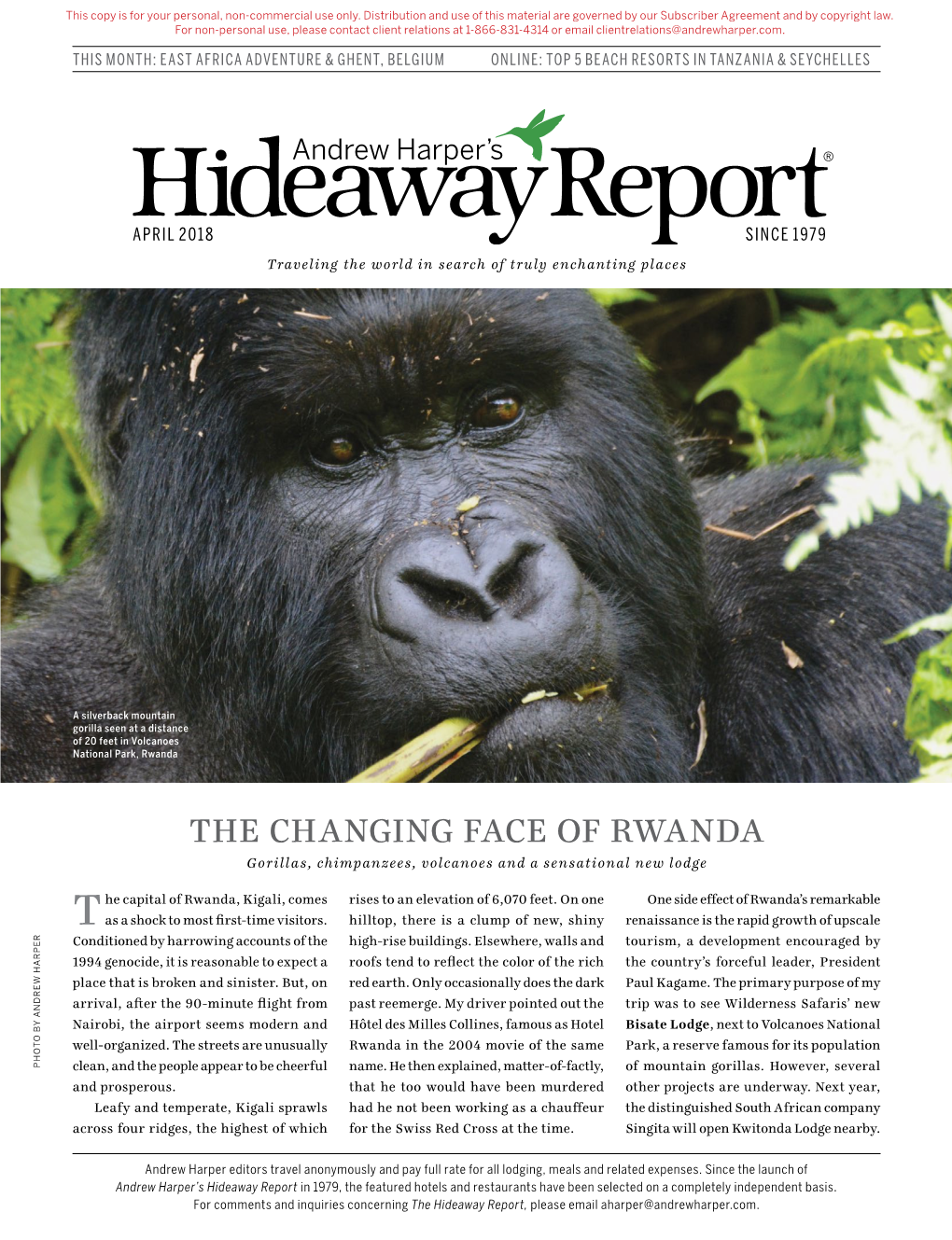 THE CHANGING FACE of RWANDA Gorillas, Chimpanzees, Volcanoes and a Sensational New Lodge