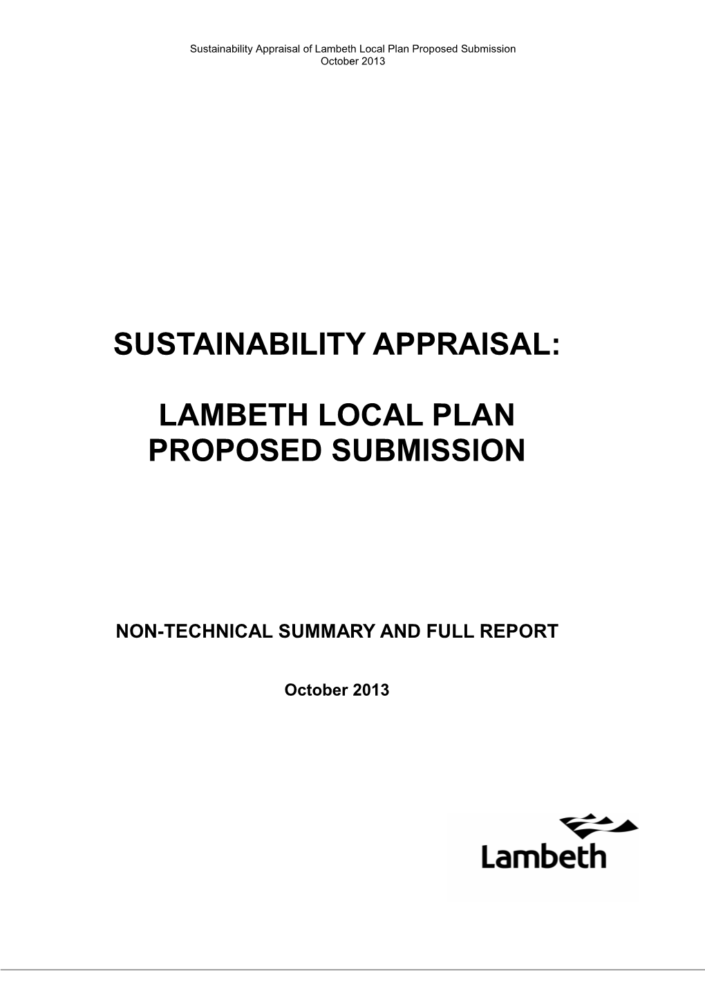 Sustainability Appraisal of Lambeth Local Plan Proposed Submission October 2013