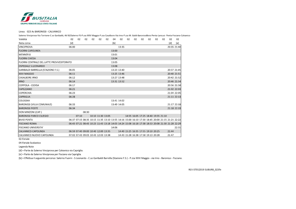 Linea: 023 As BARONISSI - CALVANICO Salerno Vinciprova-Via Torrione-C.So Garibaldi, 46-50/Salerno FS-P.Zza XXIV Maggio-P.Zza Casalbore-Via Irno-P.Zza M