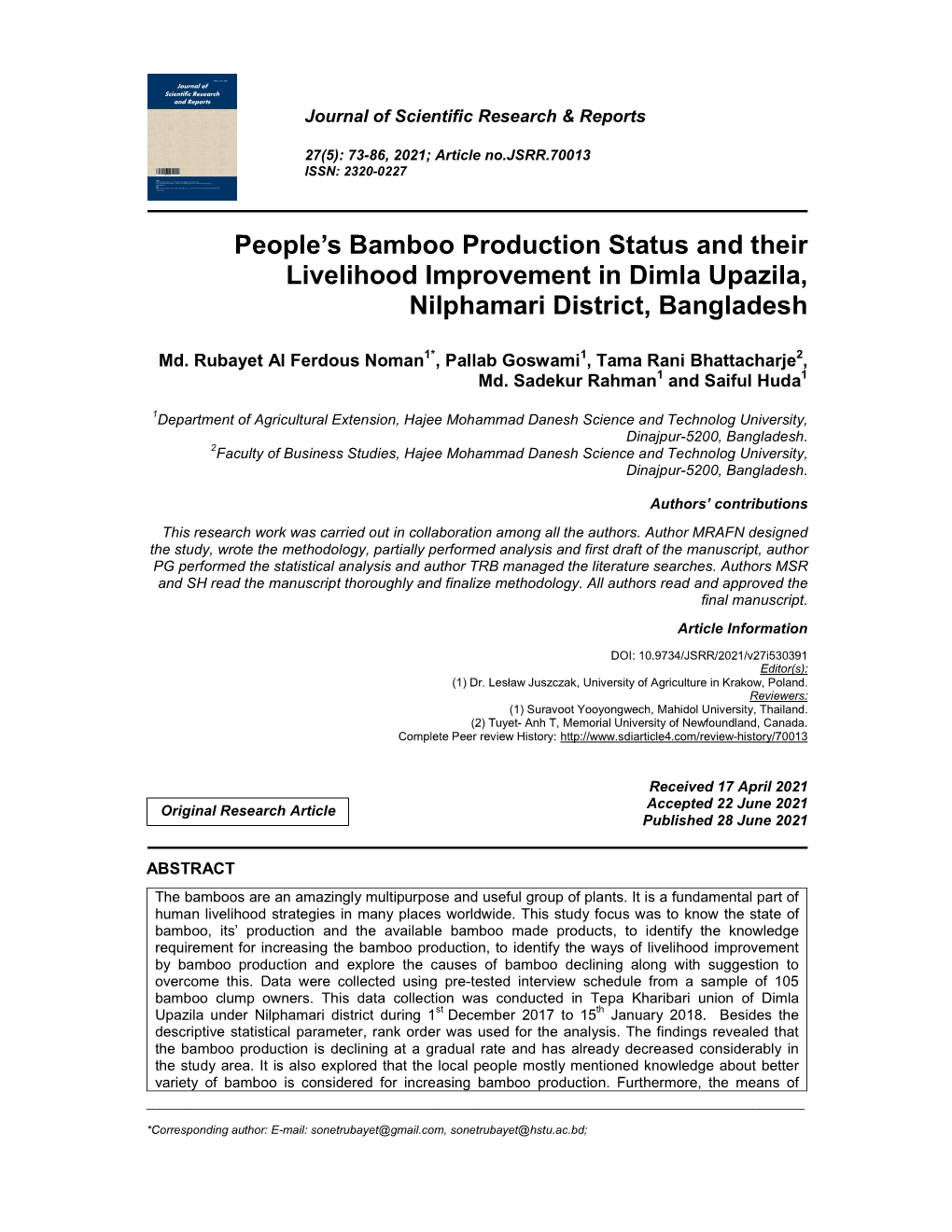 People's Bamboo Production Status and Their Livelihood Improvement In