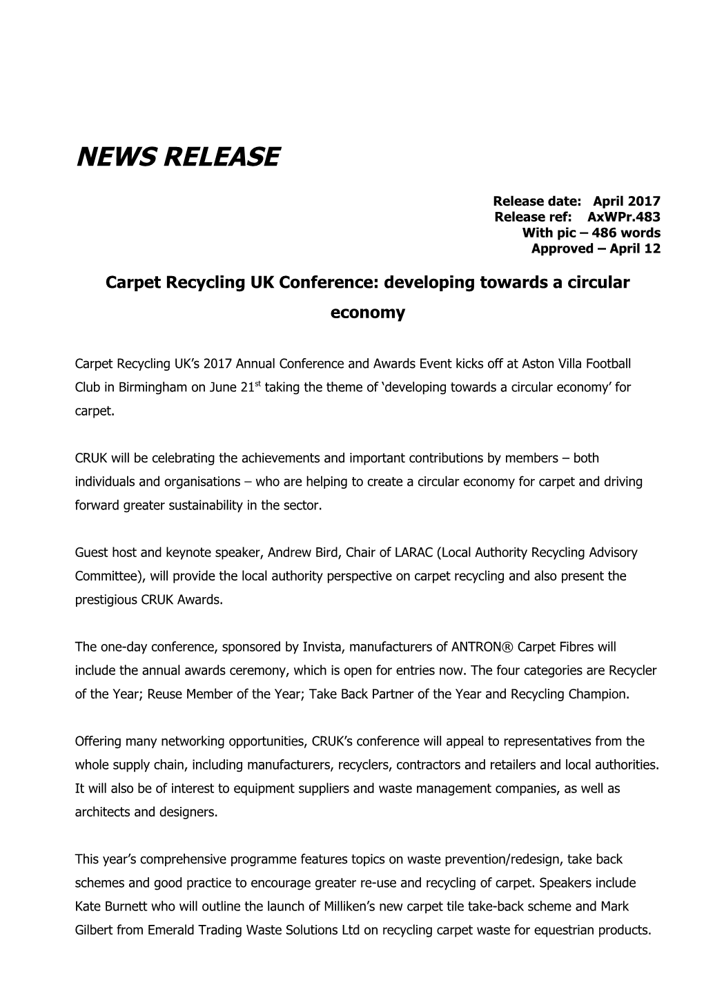 Carpet Recycling UK Conference Preview Rel FINAL, Apr 17