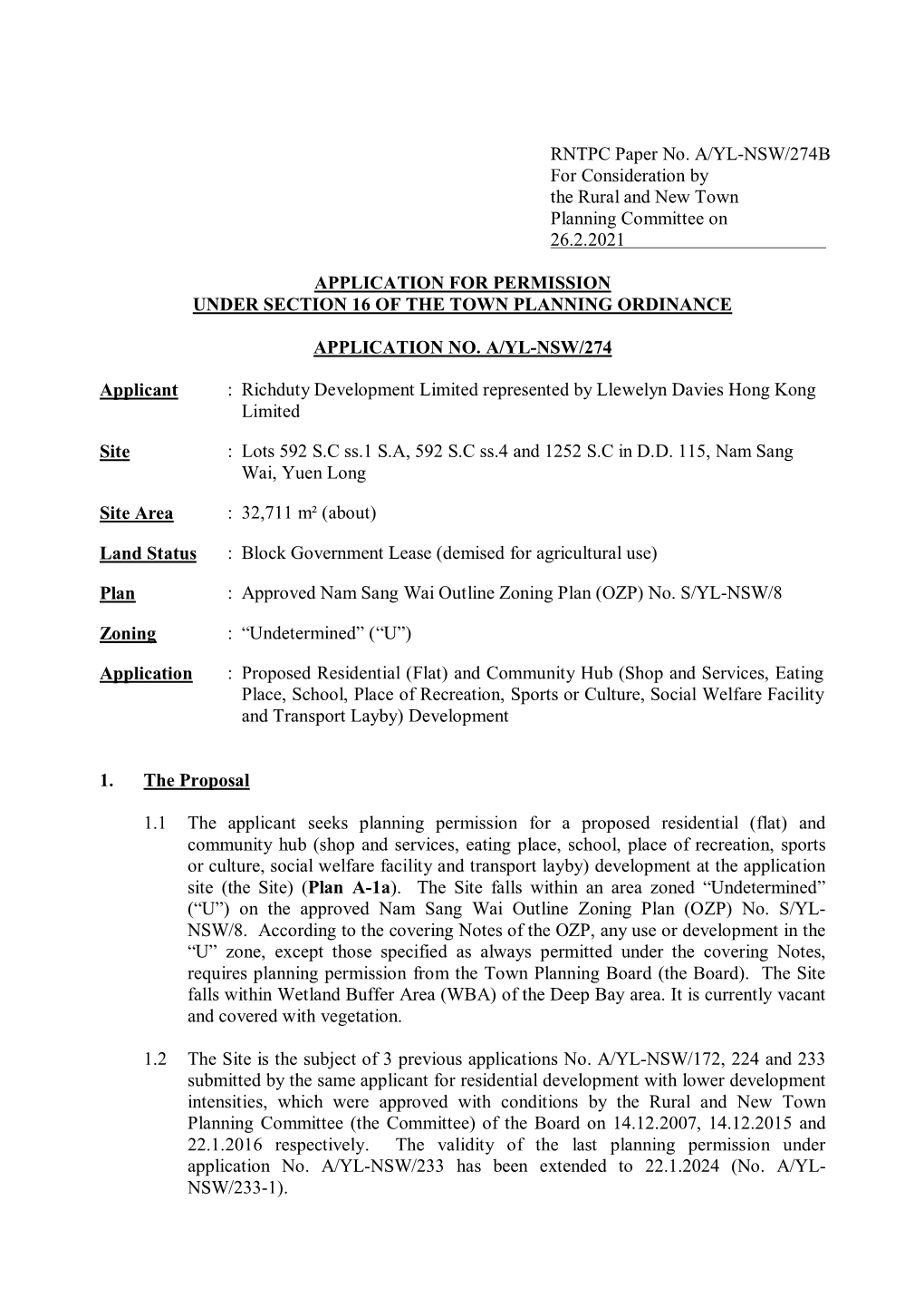 RNTPC Paper No. A/YL-NSW/274B for Consideration by the Rural and New Town Planning Committee on 26.2.2021